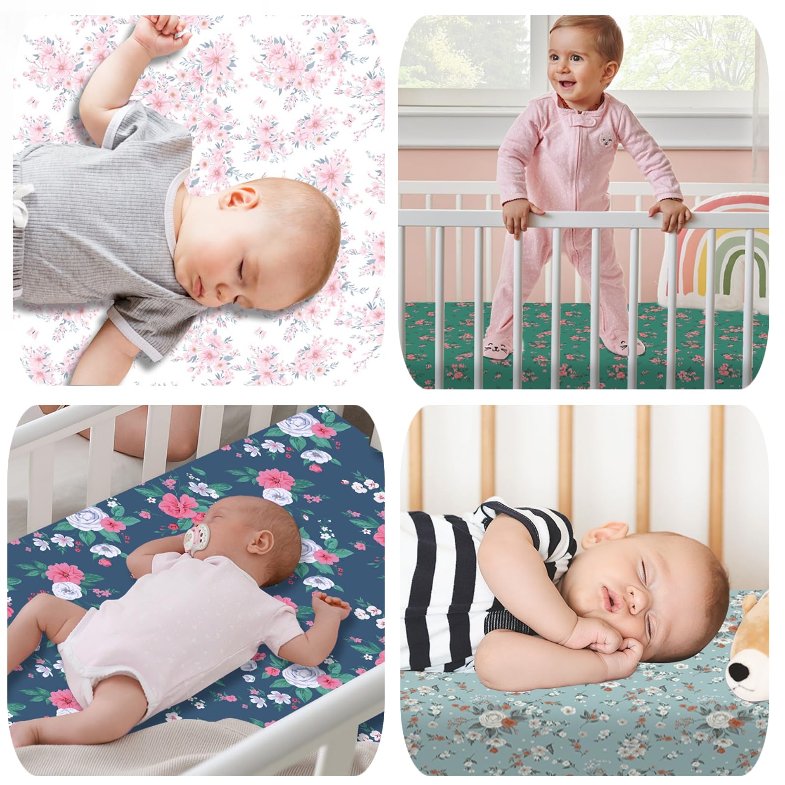 Sábanas para cuna con patrón floral neutral, paquete de 4 sábanas bajeras para cuna de 28 x 52 pulgadas, sábanas de microfibra suave y transpirable para cuna de bebé para niños y niñas, funda de