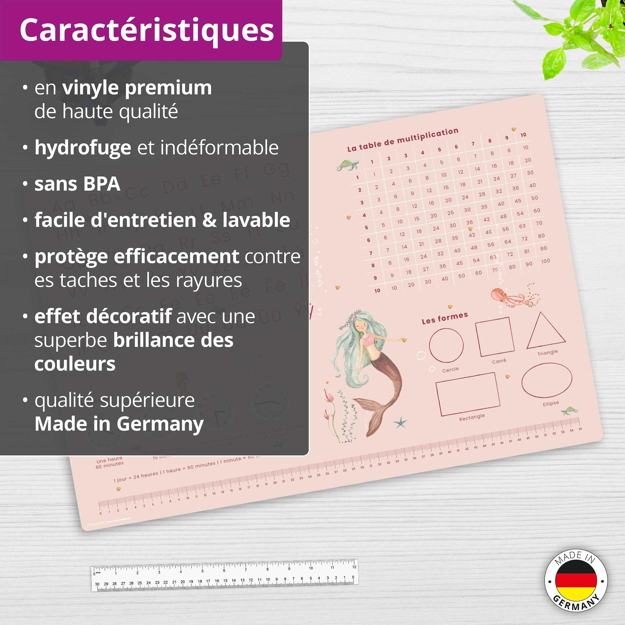 Sous-main pour bureau enfants tapis d'apprentissage français sirène ABC 60 x 40 cm vinyle essuyable Allemagne