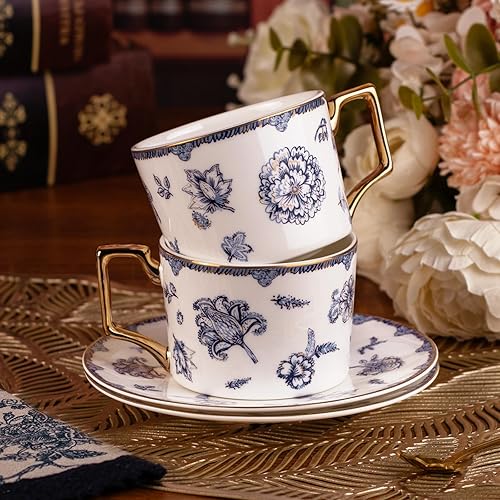 Miniatura 4 de KAMMAK Juego de 2 tazas de té y platillos, tazas de café de porcelana fina, tazas de café apilables de 8.5 onzas, Demitasse de cerámica para café,