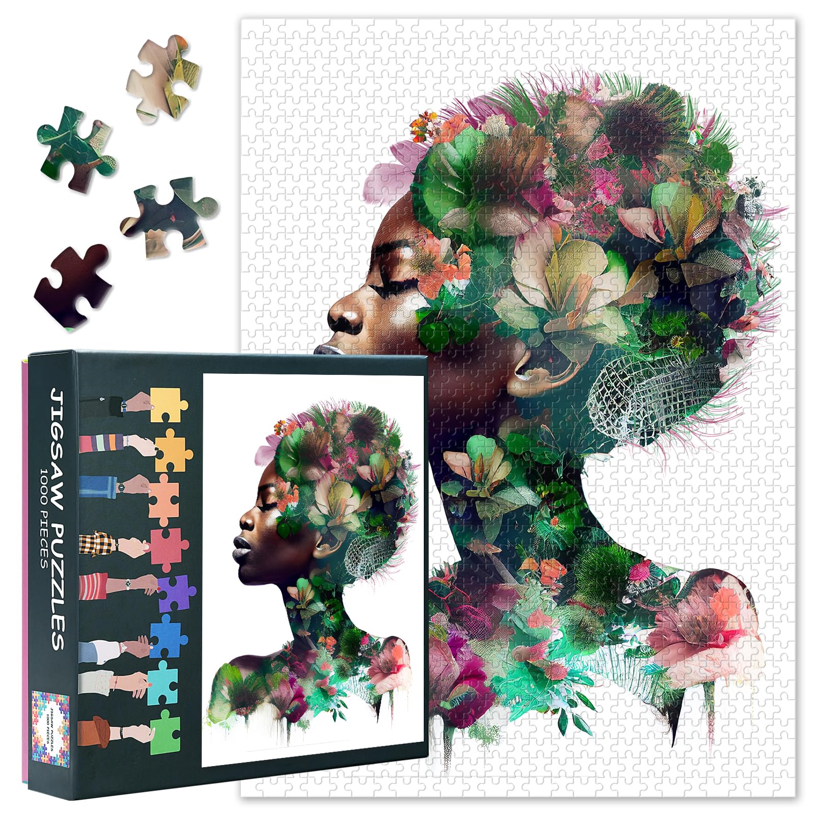 Flowers Puzzles for Adults 1000 Pieces, African American Woman Jigsaw Puzzles, Adult Puzzle for Adults, Educational Fun Games or Toys for Elders Friends 20X27 INCH