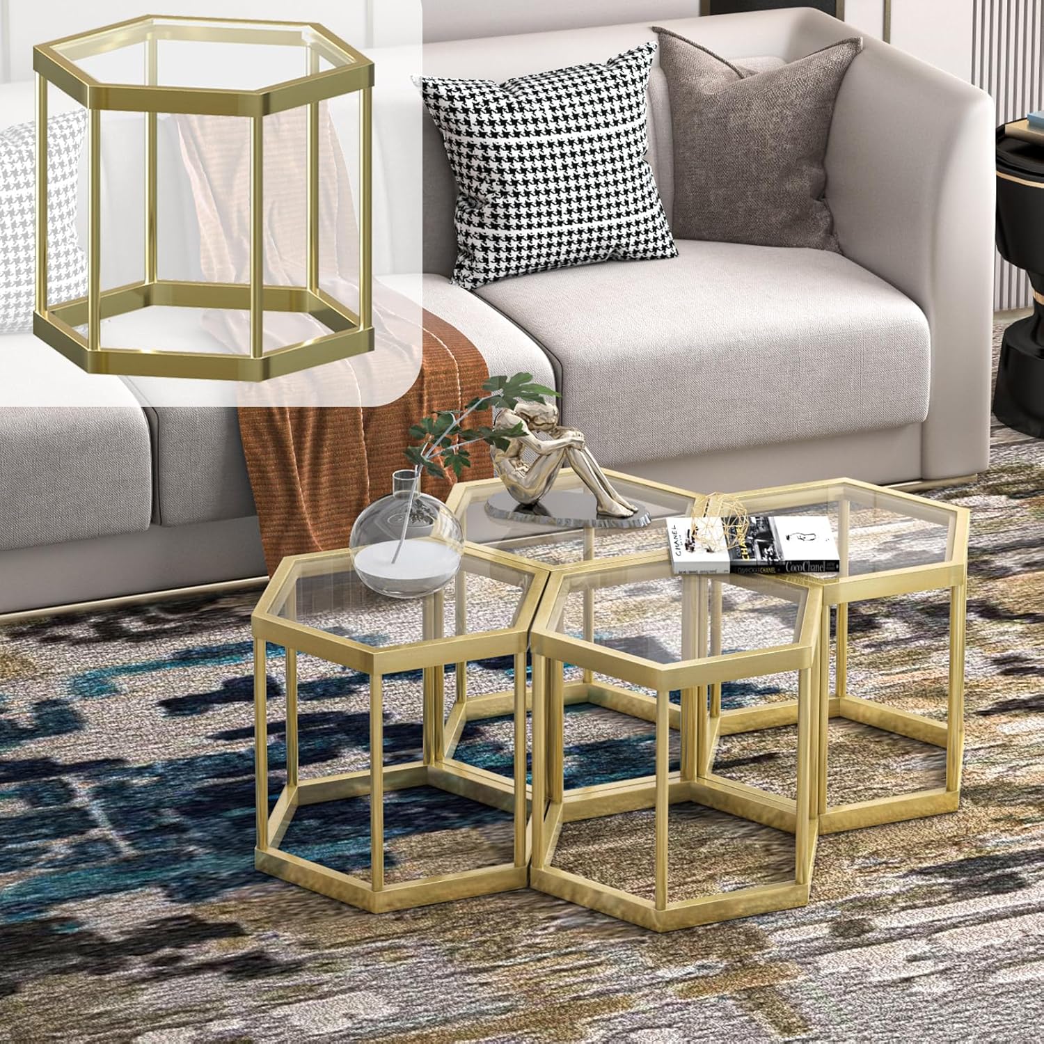 Gold Coffee Table Glass Modern Coffee Table, Hexagon Free Combination Glass Center Table Small End Tables with Metal Frame for Living Room Set of 1 Gold 1 Piece (missing parts)