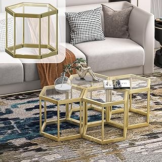 Gold Coffee Table Glass Modern Coffee Table, Hexagon Free Combination Gl...