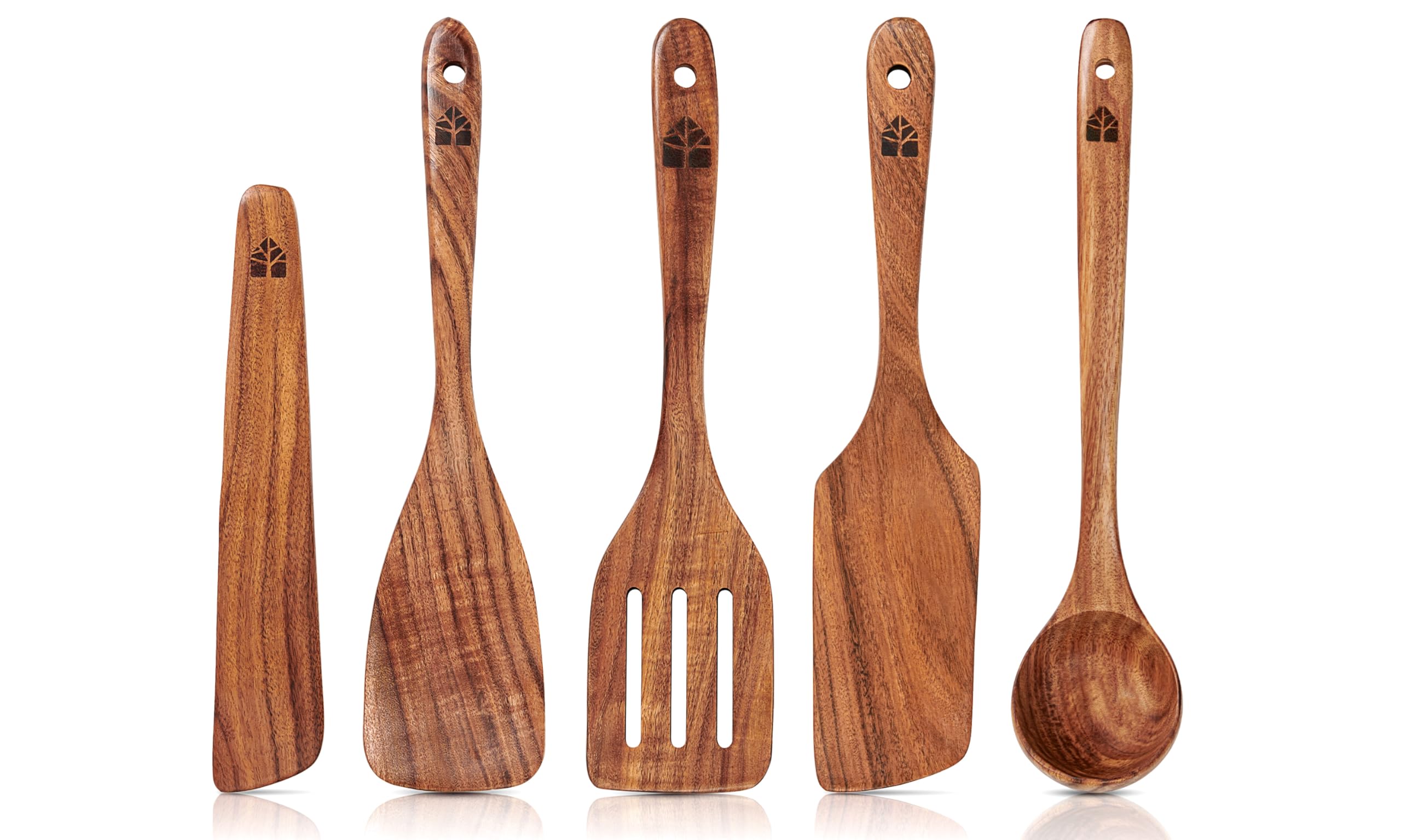 Ustensiles de Cuisine Bois en Teck – Lot de 4 Spatules Cuisine + Louche en Bois 31,5 cm avec Crochet – Anti-Rayures, Antiadhésifs, Résistants à la Chaleur, Pour Mélanger, Racler, Servir