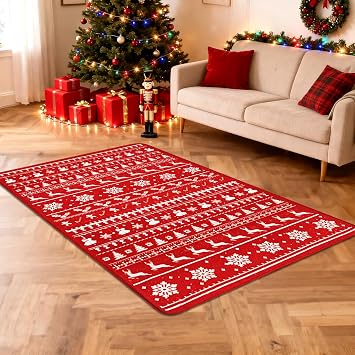 Christmas Area Rug 3x5 Red Vintage Floral Non-Slip Holiday Carpet for Living Room, Washable Low Pile Festive Indoor Rug