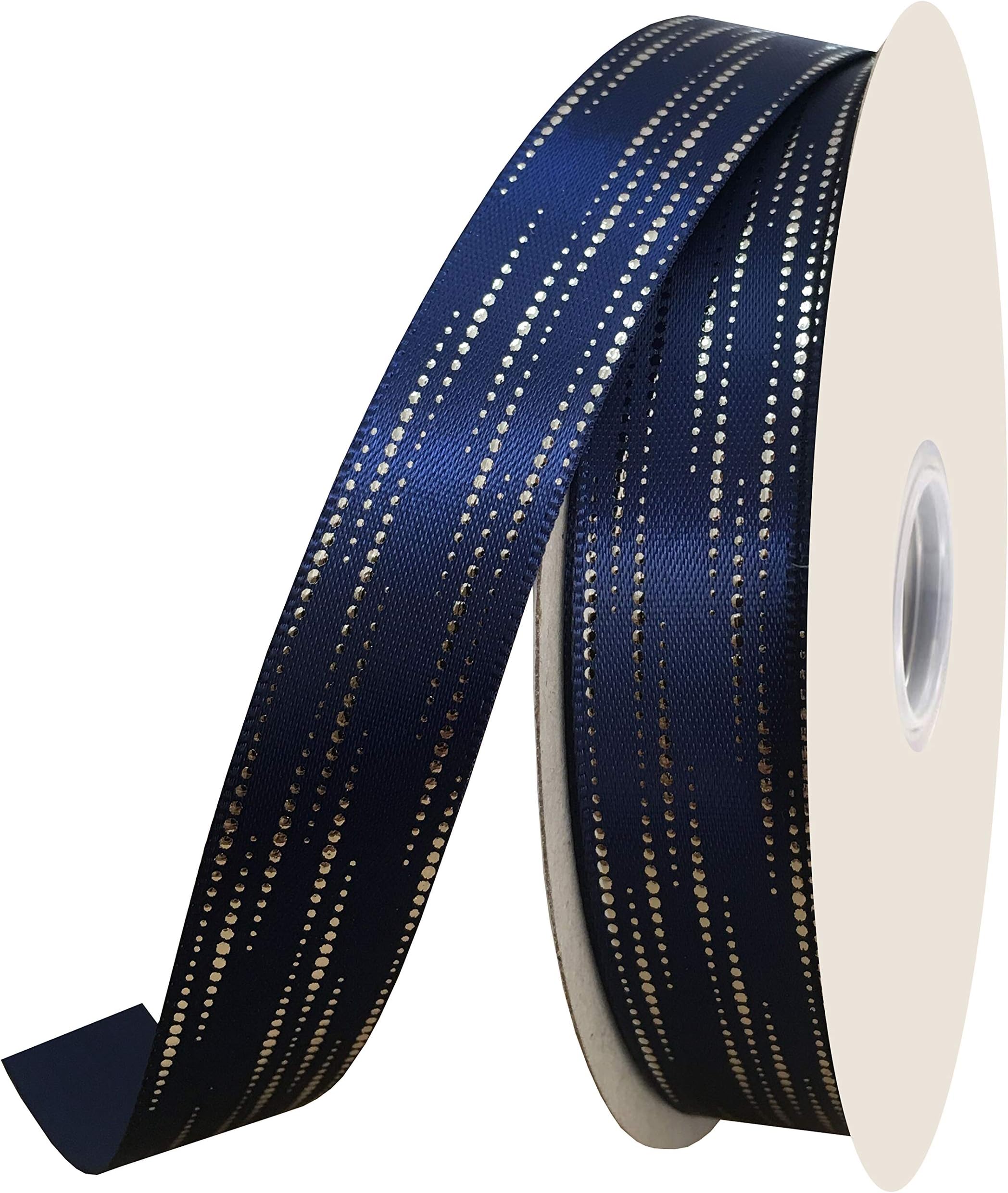 Duoqu Satin Ribbon 5/8 Inch Silver Foil Dots on Navy Printed 25 Yards Roll