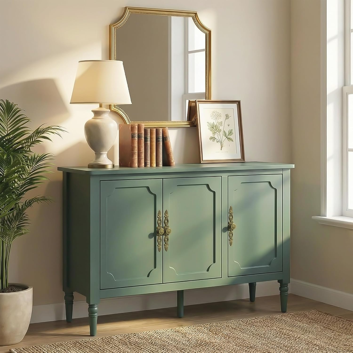 RoyalCraft Buffet Cabinet with 3 Doors, Mid-Century Modern Sideboard with Adjustable Shelves, Wood Painted Coffee Bar Table with Storage, for Kitchen, Living Room, Dining Room, Green