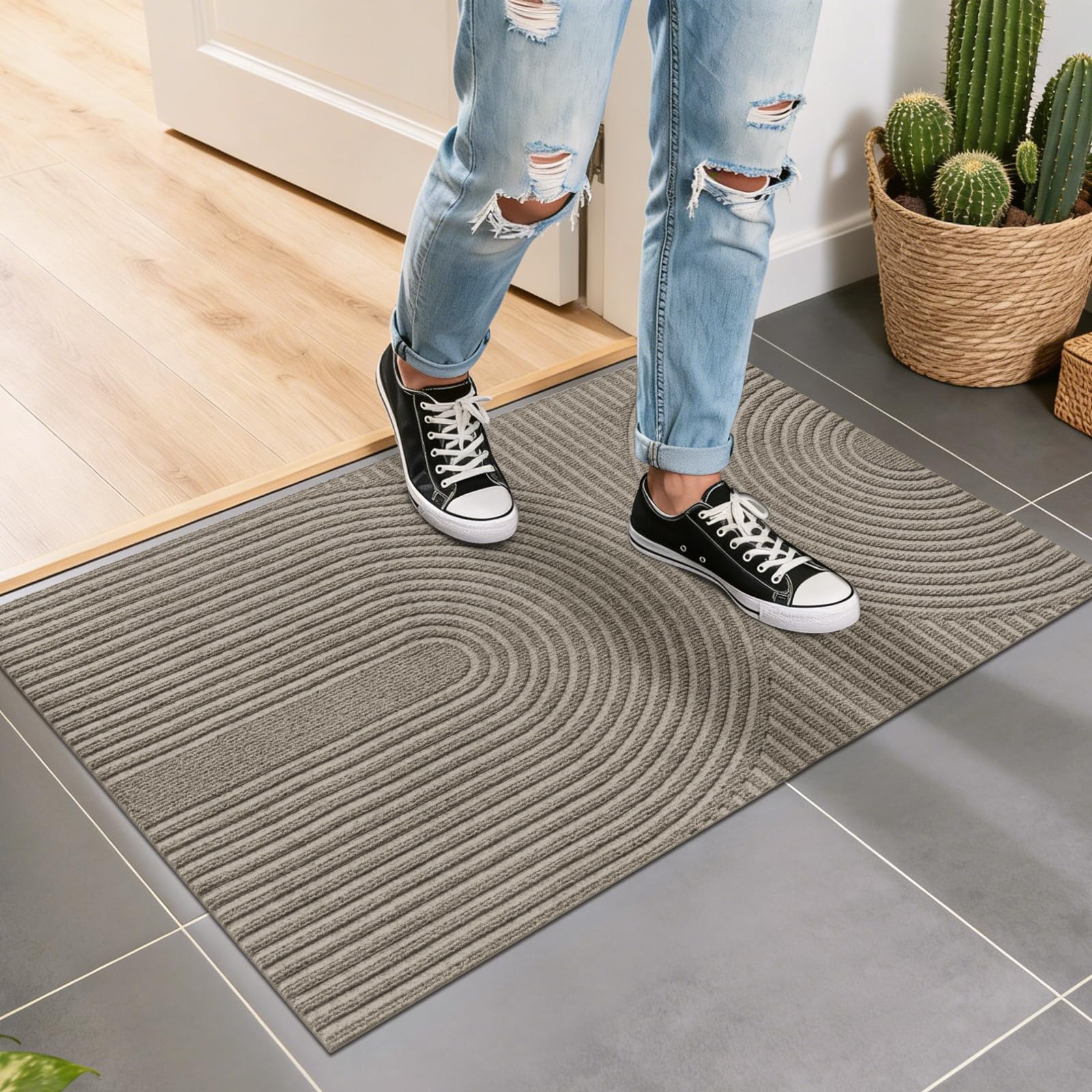 Fußmatte Innen Außen 50x80cm, rutschfeste Schmutzfangmatte mit Saugkraft, Fussmatte Waschbar Langlebig für Haustür, Flur, Balkon, Küche - Beige