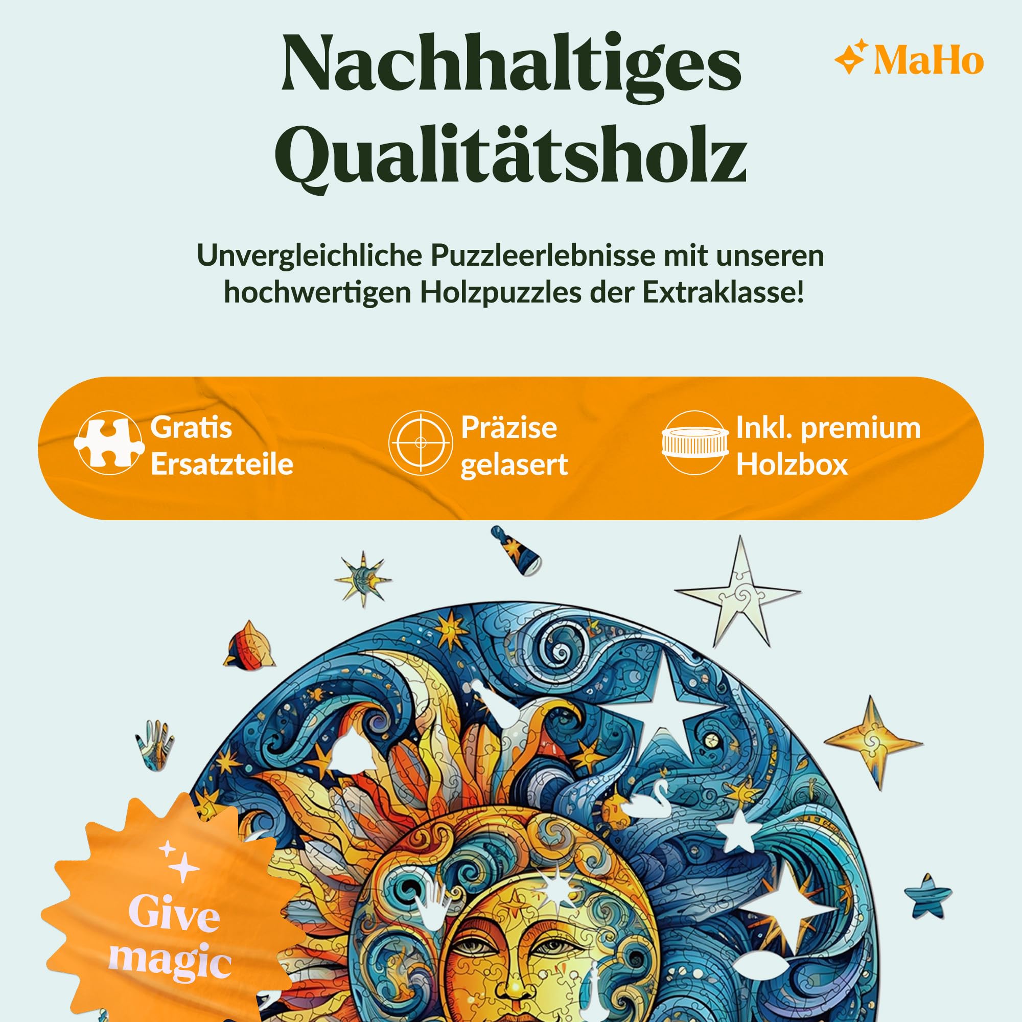 MagicHolz – Holzpuzzle Mandala Sonne und Mond – rundes Holz Puzzle Ø 47 cm – besondere Geschenkidee für Erwachsene – inkl.Premium Holzbox