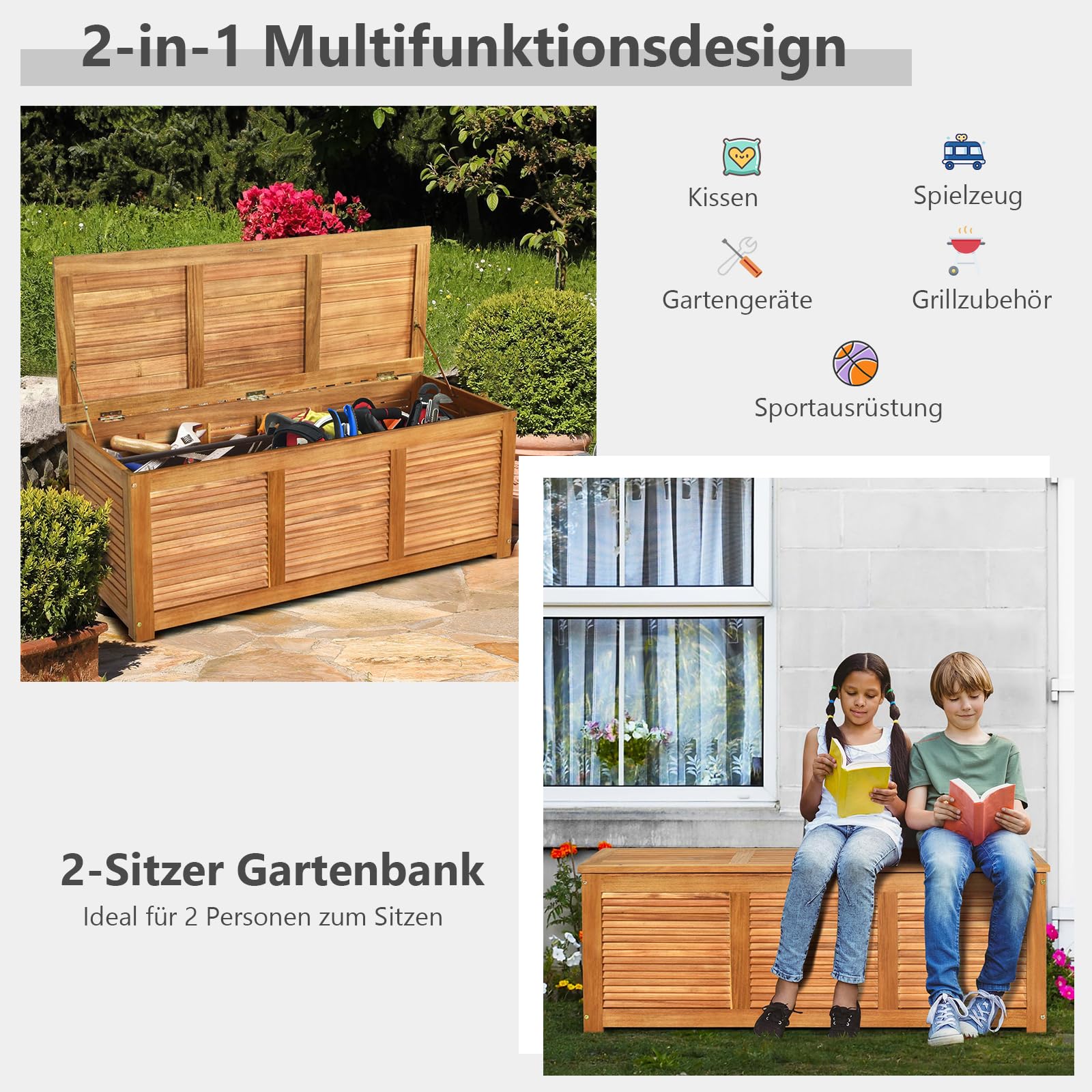 GIANTEX Auflagenbox Kissenbox Holz, Gartenbox mit Deckel, Aufbewahrungsbox Garten 178L, Gartentruhe Kissentruhe Outdoor, Aufbewahrungstruhe Garten, Auflagentruhe Holztruhe atmungsaktiv, 120x45x45cm