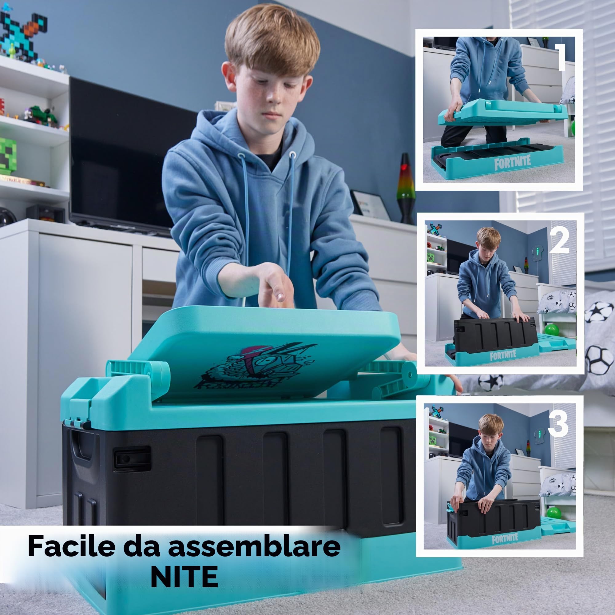Numskull Fortnite Scatola Portaoggetti 2-in-1 e Sedia Pieghevole – Organizzatore con Coperchio e Maniglie per Camerette – Merchandising Ufficiale Fortnite