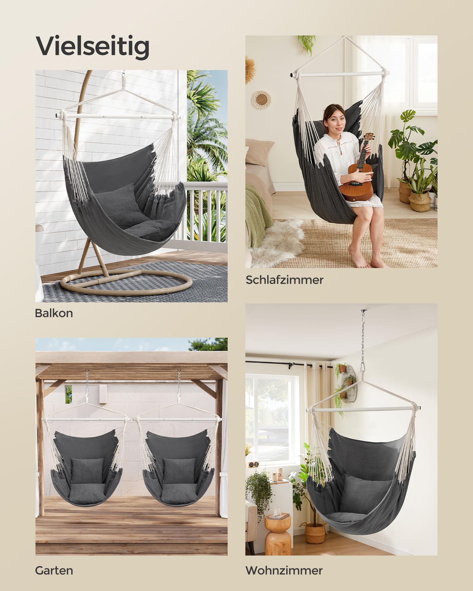 SONGMICS Hängesessel, Hängeschaukel, Hängestuhl mit 2 Kissen, Metallkette, bis 150 kg belastbar, Indoor und Outdoor, Wohnzimmer, Schlafzimmer, schiefergrau GDC197G02