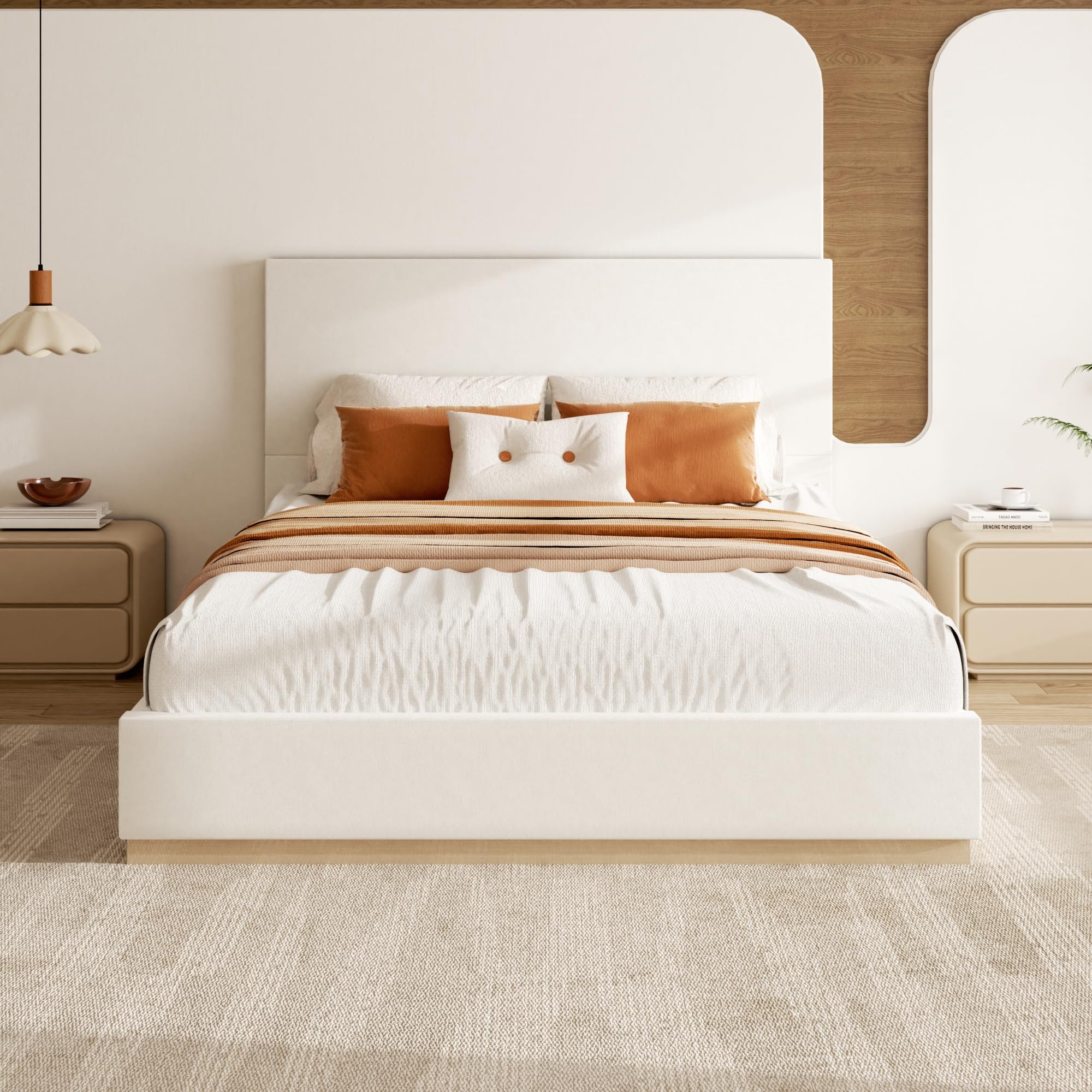 king size platform bed frame with headboard, velvet grounded bed with wood slats, heavy duty mattress foundation, box spring option, noise-free, easy assembly, beige
