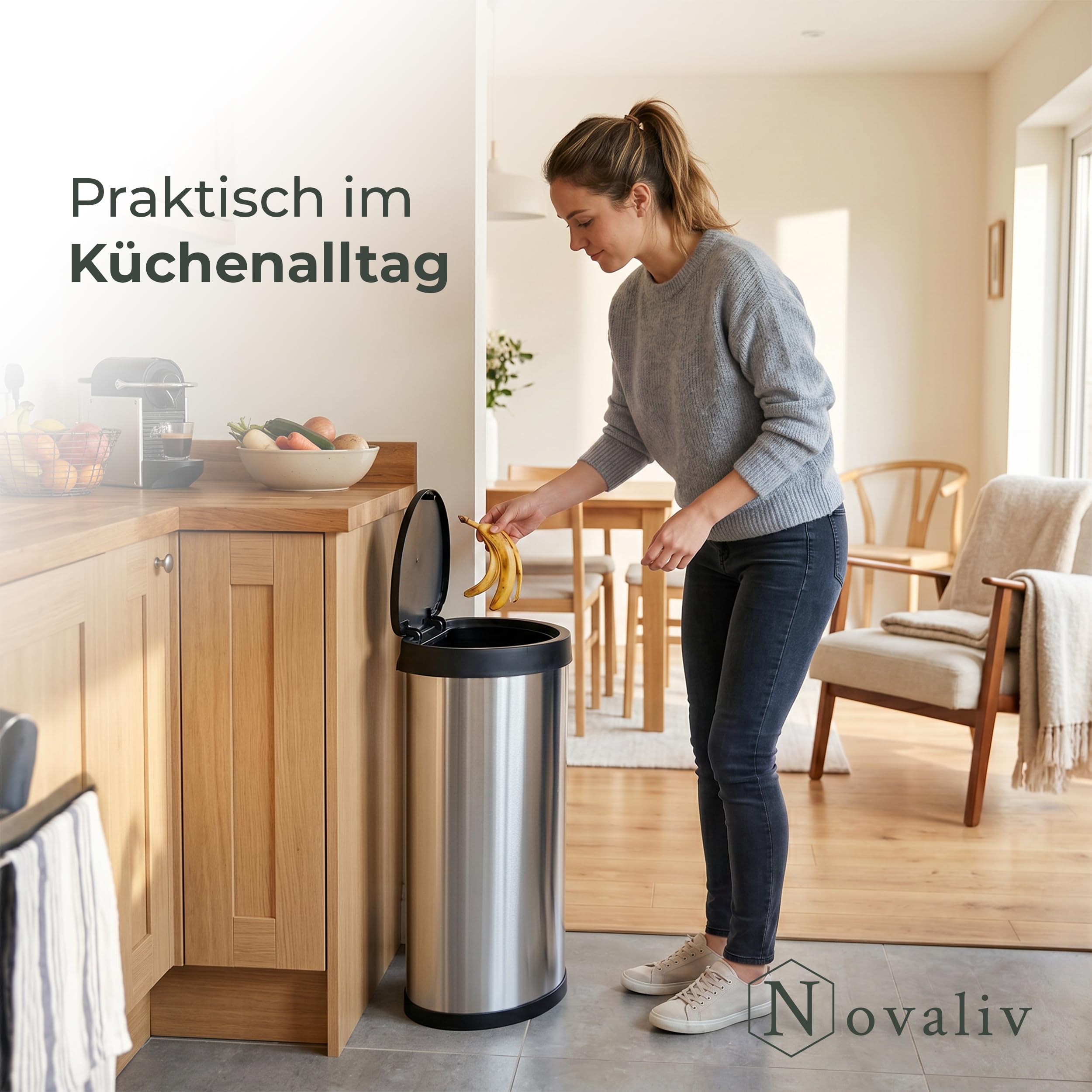 Novaliv 2-częściowy zestaw pojemników na śmieci Touch 42 l, srebrne, Push-Open, z przyciskiem dotykowym, jednoręczne, bez pedałów i baterii, smukły kosz na śmieci z mocowaniem worka z tworzywa