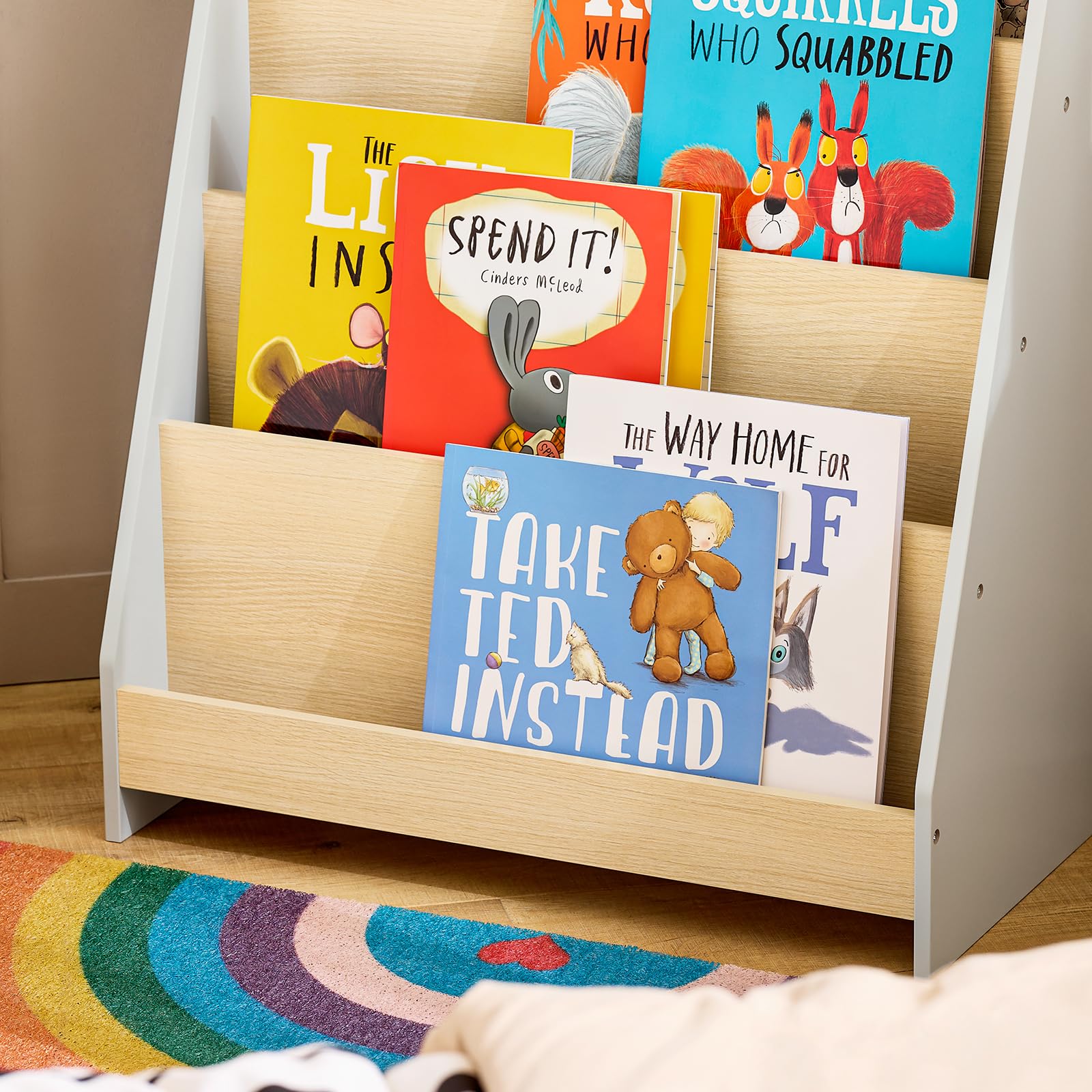 SoBuy Libreria per Bambini Scaffale a Scala Scaffale Portaoggetti Libreria a Scala Grigio-Naturale 61x30x71cm KMB106-HG