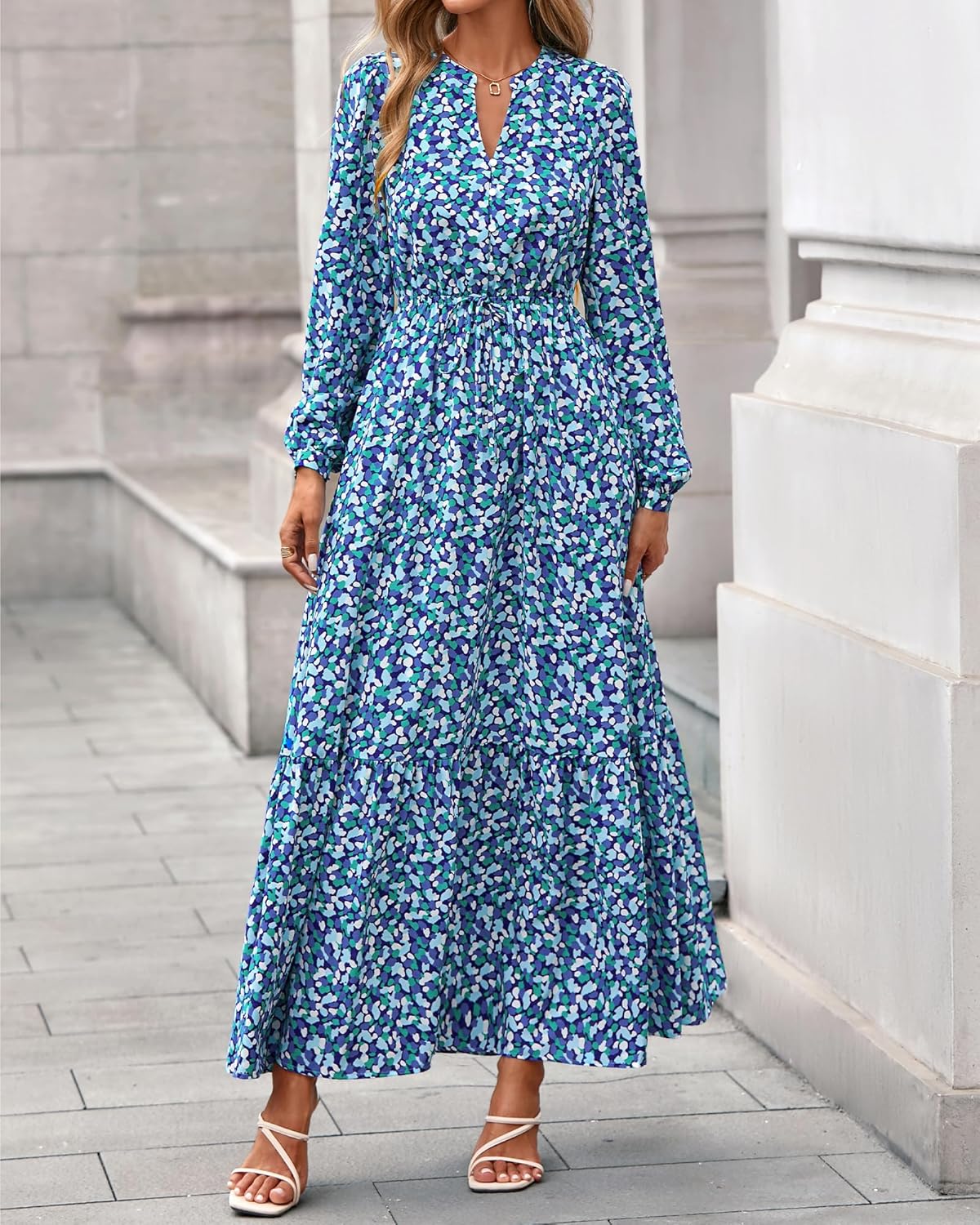 BTFBM Women Boho Maxi Dress Fall Fashion 2025 Floral Long Sleeve V Neck Button Pockets Flowy Vacation Wedding Dresses - Image 6