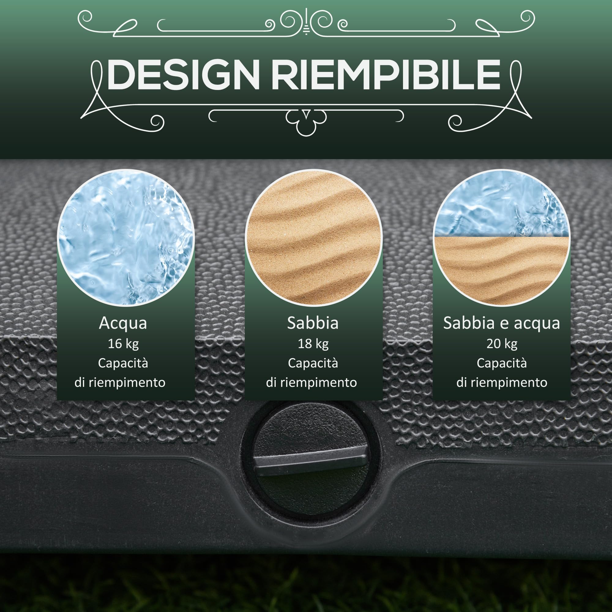 Outsunny Base per Ombrellone con Ruote Riempibile Fino a 20kg, Base Ombrellone in HDPE per Pali da Ø22-38mm, 45x45x39cm, Nero