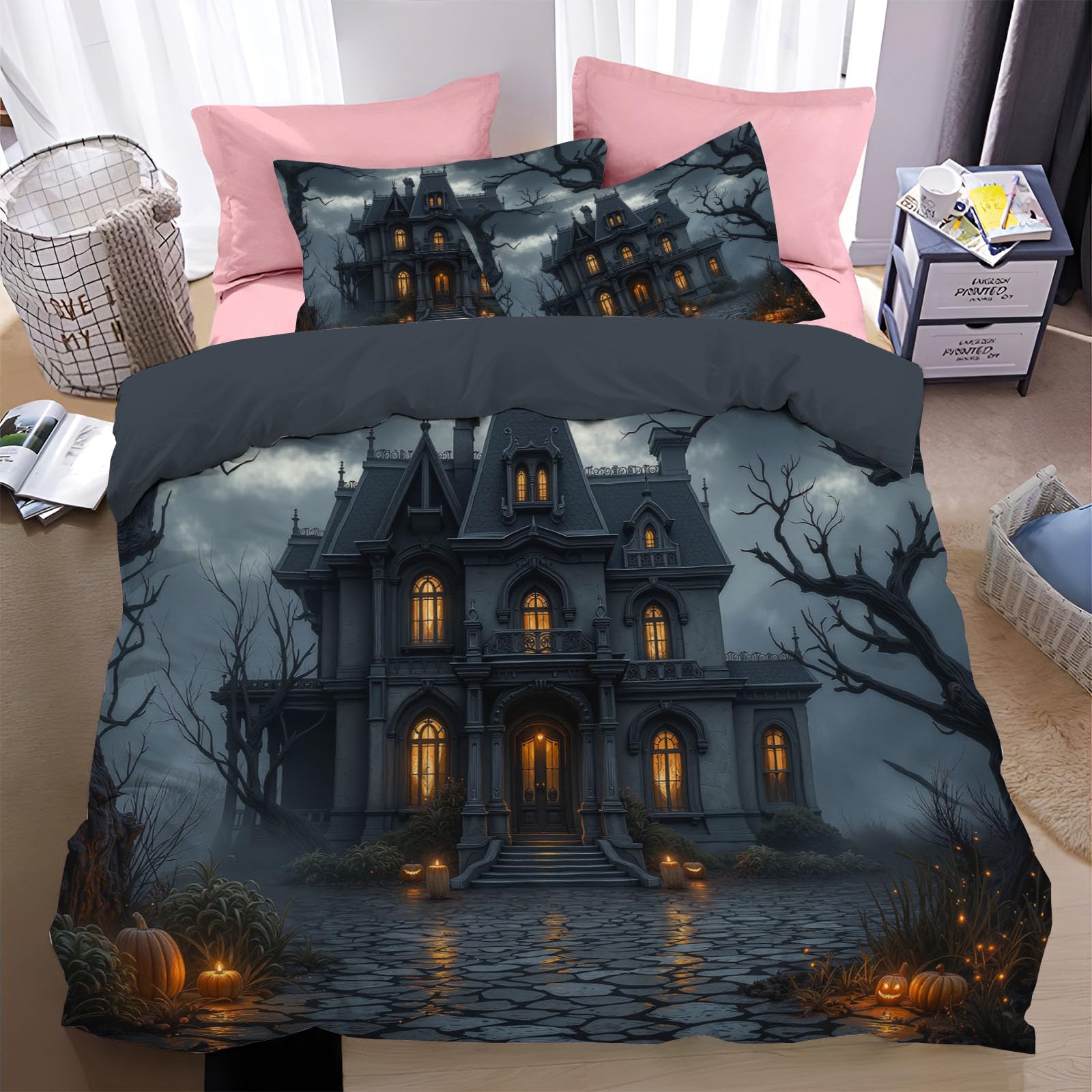 Linge de lit 2 personnes gothique gris 200x200 aux détails d'architecture médiévale