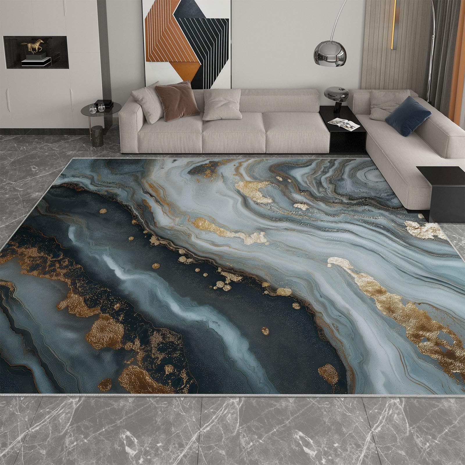 Luksusowy marmurowy dywan z teksturą złota, 180 x 240 cm, podwójna ochrona antypoślizgowa, z 4 narożnymi uchwytami, zmywalny i chłonny dywan z niskim runem do pokoju rodzinnego i głównej sypialni