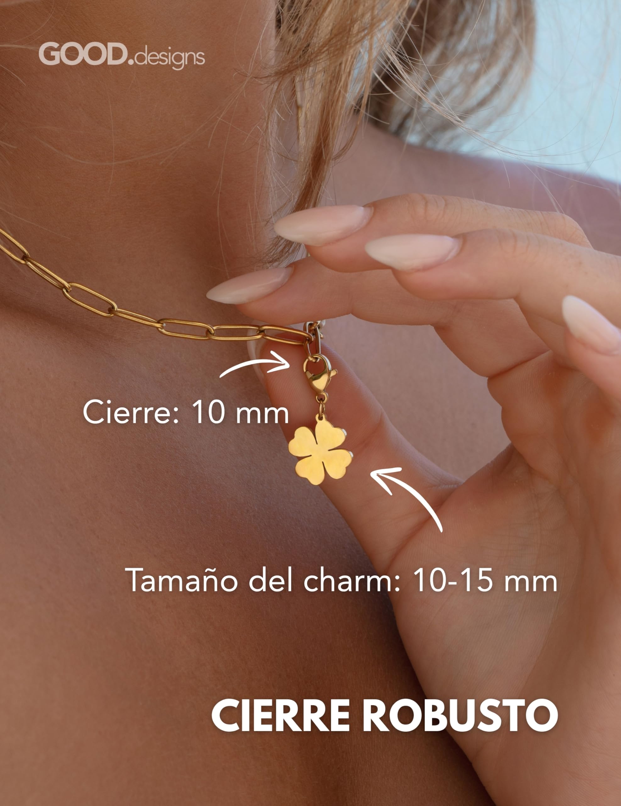 GD GOOD.designs Charms colgante con cierre de mosquetón | Colgante para collar de acero inoxidable 316L | Charm para pulsera tipo charm en oro 18K | Resistente al agua e hipoalergénico