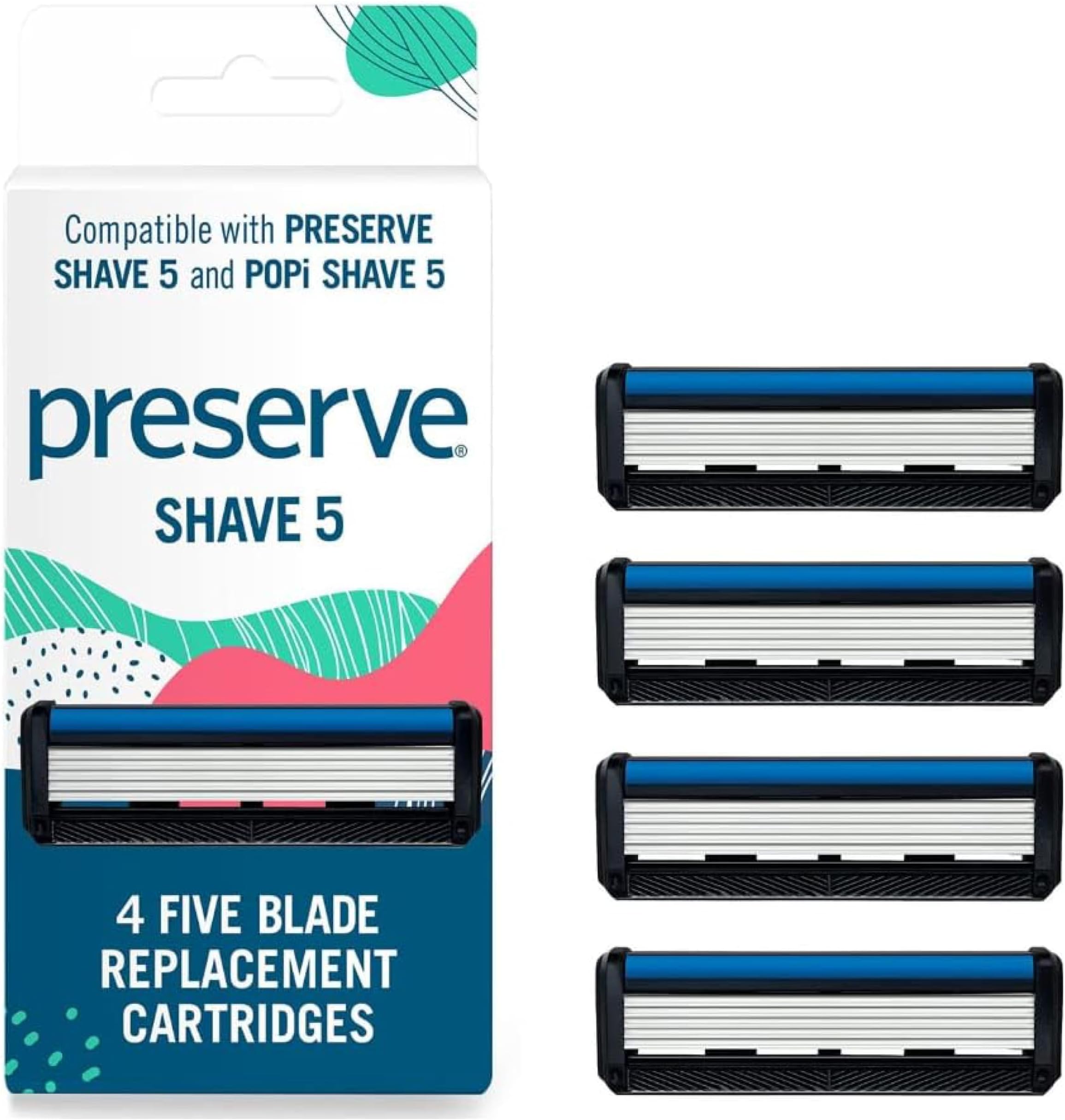 Preserve Five Blade Replacement Cartridges, Wave Edition, for Shave Five Recycled Razor, 4 Count