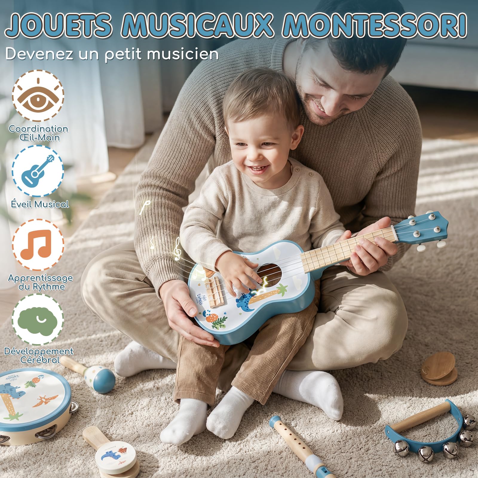 Lehoo Castle Guitare Enfant 1 2 3 Ans avec Bois Instruments de Musique Bebe | Jeu cadeau enfant 2 ans, Ukulélé en Bois avec Tambourin, Flûte, Maracas et Hochet, Montessori Jouet Musical Educatif