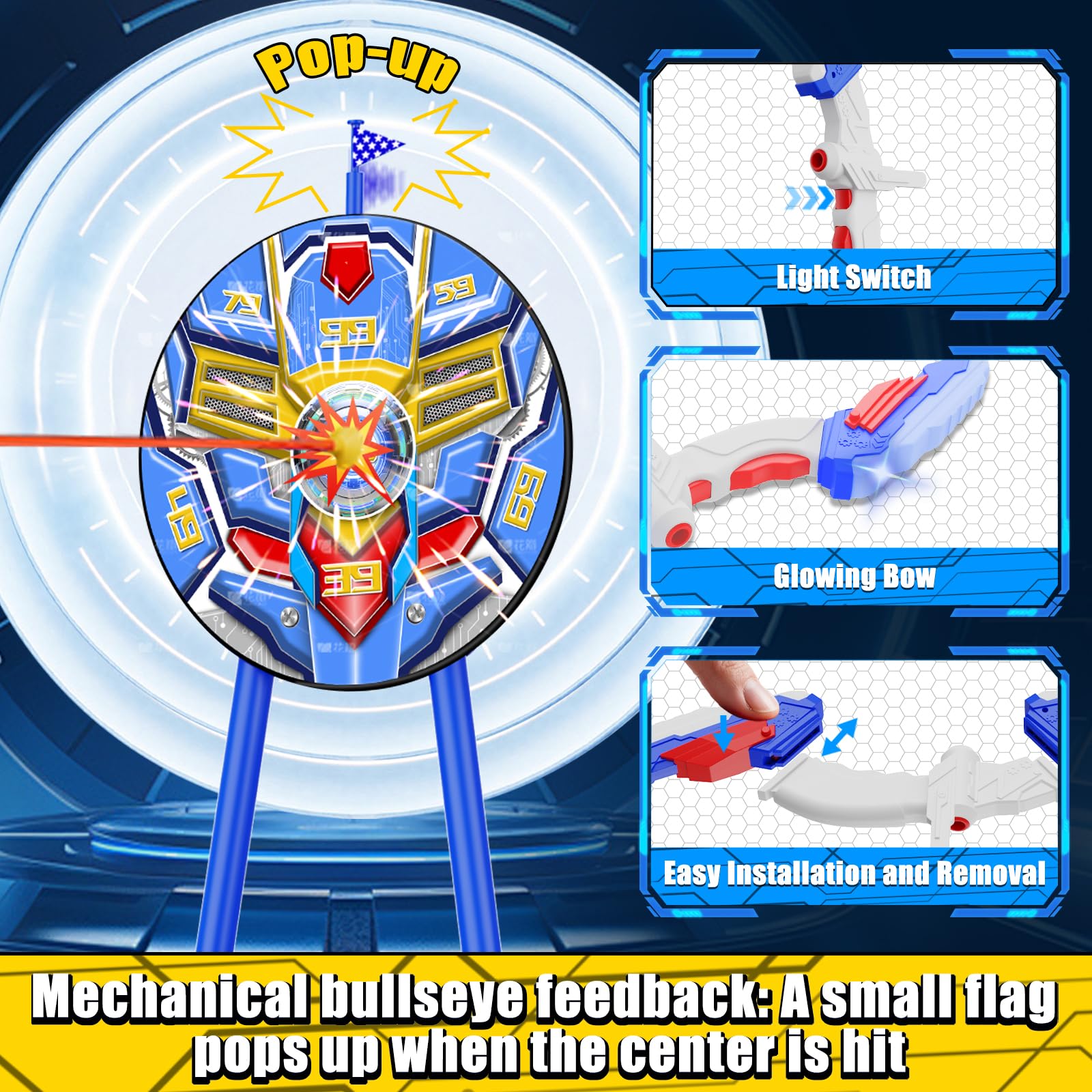 DX DA XIN Tiro a l Arco Bambini Giocattolo 2 Pack - Bersaglio di feedback in piedi Arco e Freccia con LED Luci 20 Frecce 2 Cuochi Interni Esterni Sportivi Giocattolo Ragazzo 4-12 Anni Regali Creativi