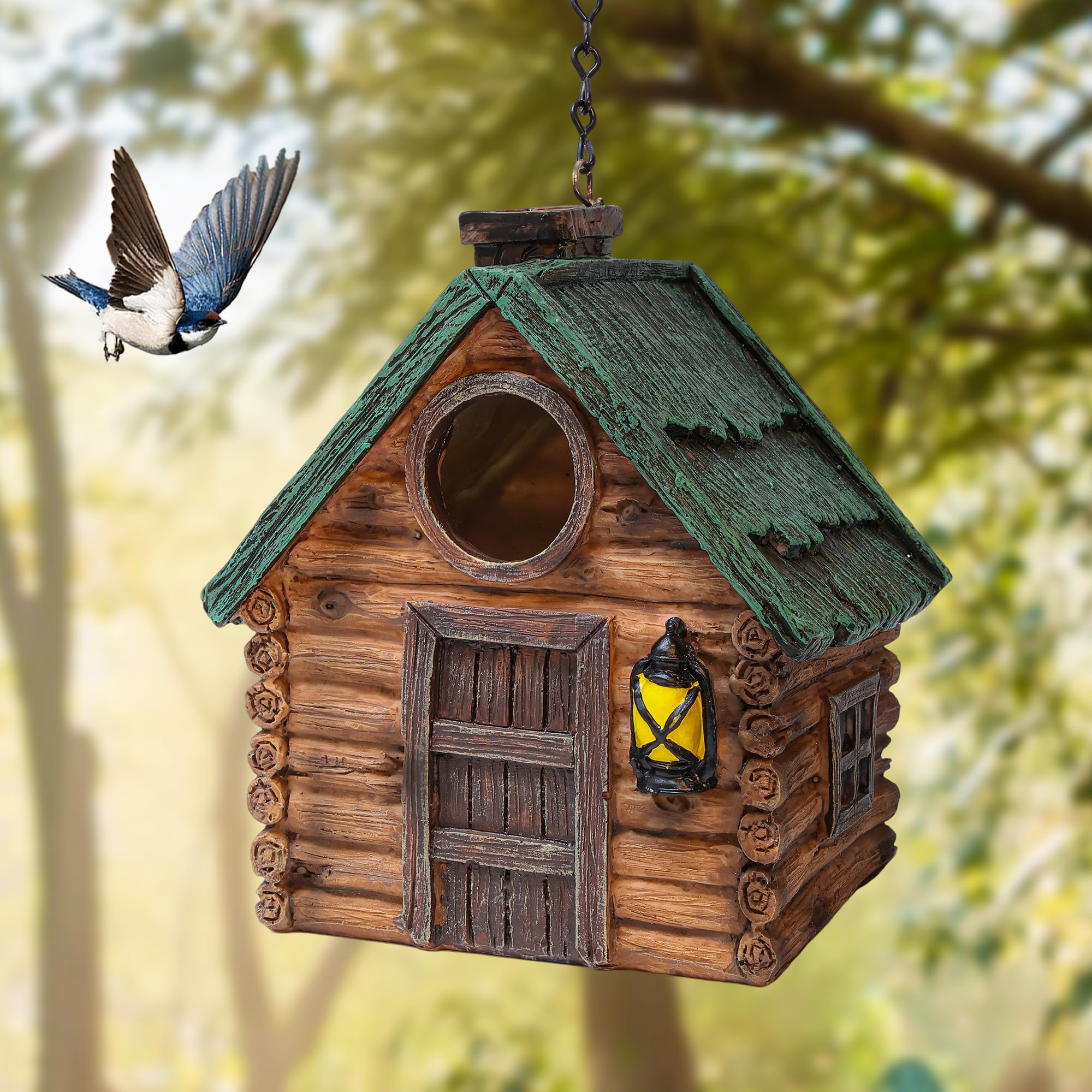 Attivolife Bird Houses for Garden, Real Wood-Look Resin Bird Nesting Boxes with Hanging Chain – Waterproof & Durable Forest Birdhouses for Bluebird Finches Cardinals, Gift for Bird Lover Family Friend