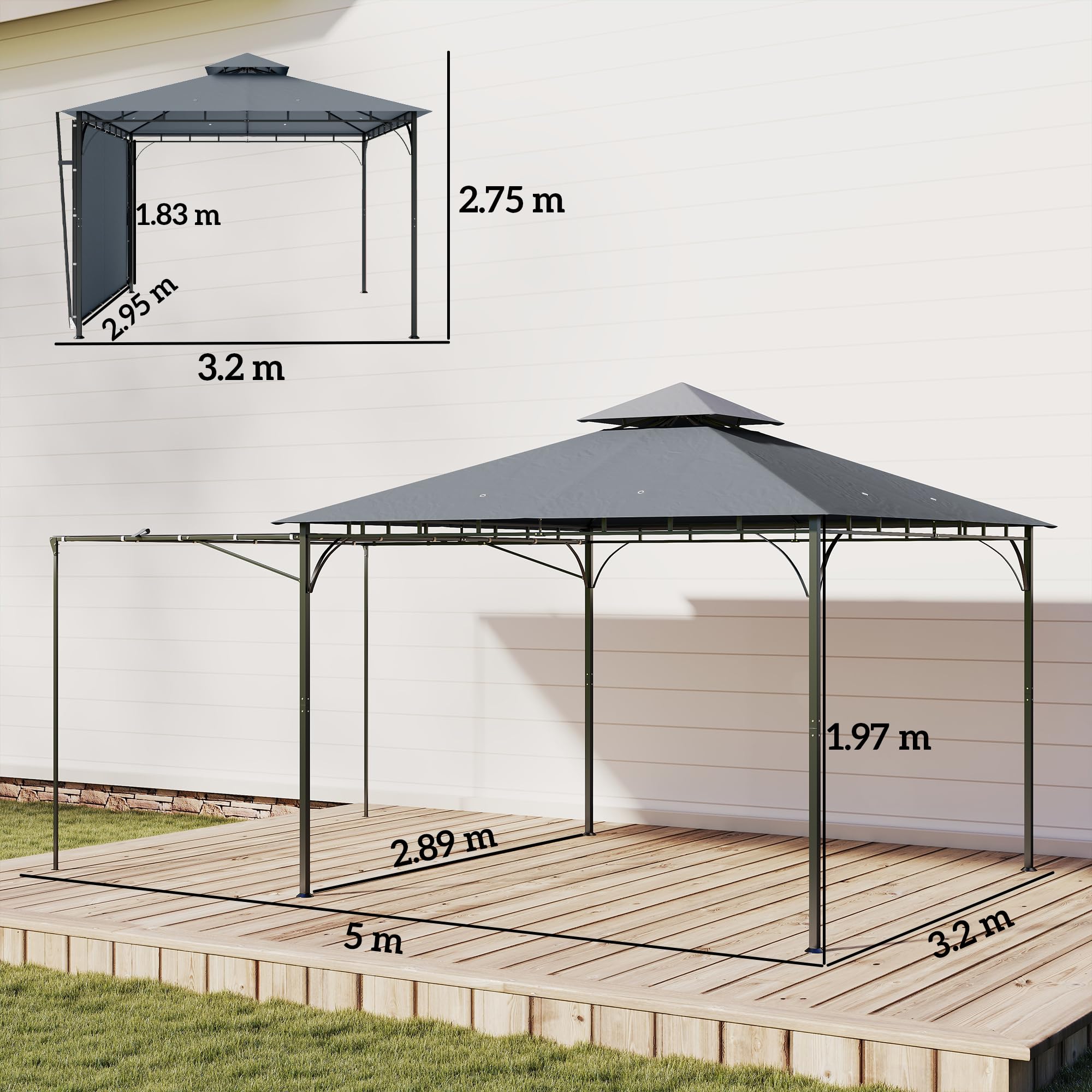Outsunny Gazebo da Giardino 3.2x3.2 m con Tetto Estensibile, Gazebo da Esterno con Doppio Tetto Ventilato, Fori di Drenaggio in Metallo, per Giardino Balcone Feste Patio, UV30+, Grigio Scuro