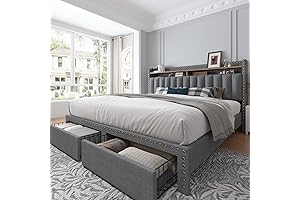 Cozy Grey Bed Frame: EnHomee Queen Bed with Headboard and Storage