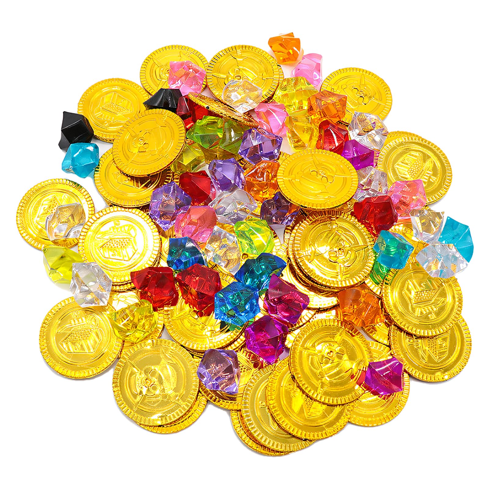 Zestaw 100 złotych monet skarbów pirackich (50 złotych talarów dla dzieci i 50 pirackich kamieni szlachetnych), skarb piracki dla dzieci, upominki na imprezę piracką, poszukiwanie skarbów na