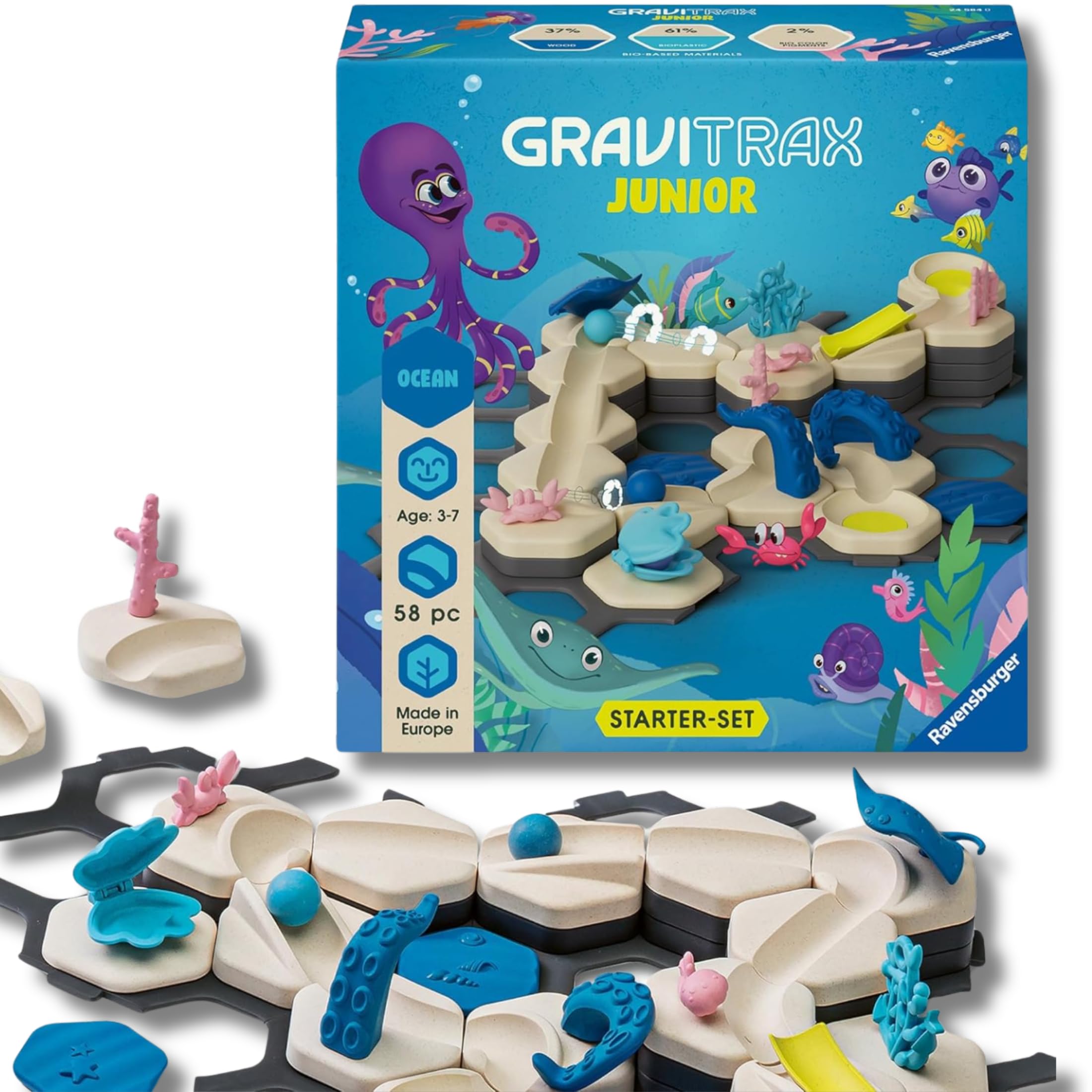 Ravensburger - GraviTrax Junior Ocean Starter-Set, Pista biglie 58 pezzi, Rompicapo bambini, Giochi bambini 3 anni e più, Gioco Interattivo ed Educativo STEM, Compatibile con tutti i GraviTrax