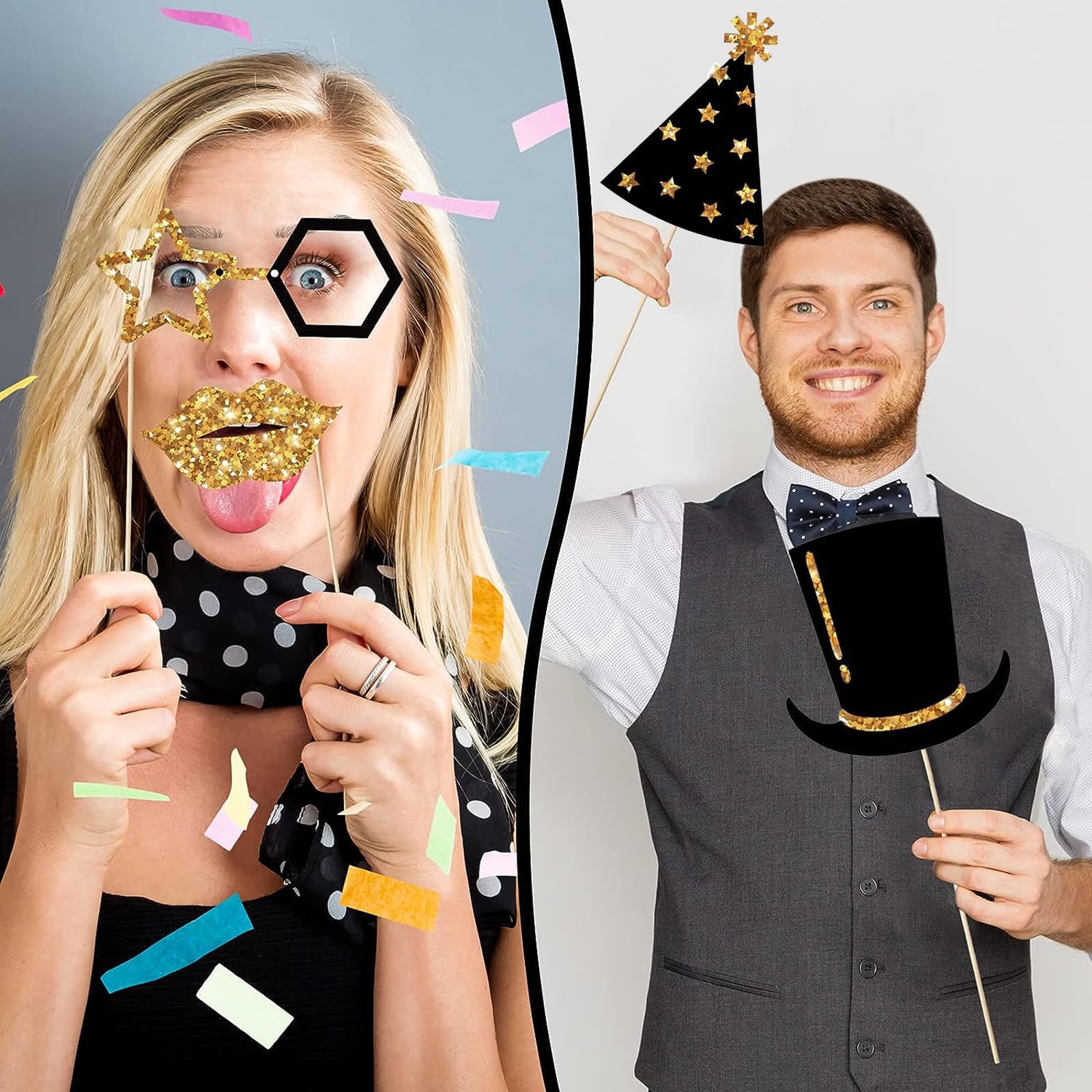 Kit 29 Accessori Photo Booth Compleanno - Tema Oro, Per Feste E Divertimento