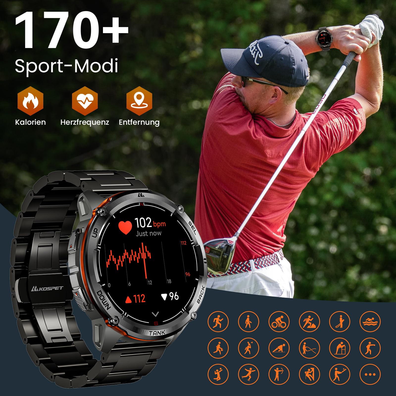 KOSPET TANK T3 ULTRA 2 Smartwatch Uomo Rugged Con GPS, Schermo AMOLED 1,43" | Autonomia 15 Giorni, Impermeabile 5ATM e IP69K, 170+ Modalità Sportive, Compatibile Android & iPhone Doppie cinghie
