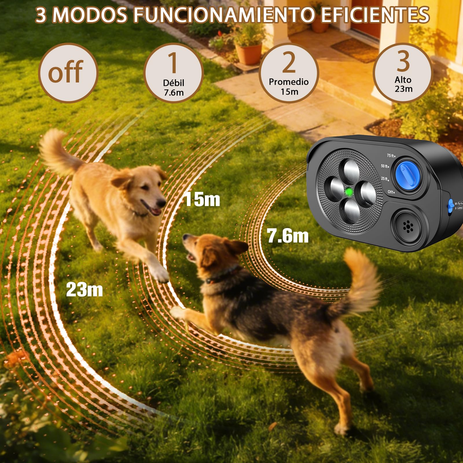 Antiladridos para Perros, Dispositivo Utrasónico Anti con 3 Modos | Dispositivo Antiladridos para Perros, Alcance Efectivo de 23M, IP65 Recargable, Detener Ladridos en Interiores y Exteriores