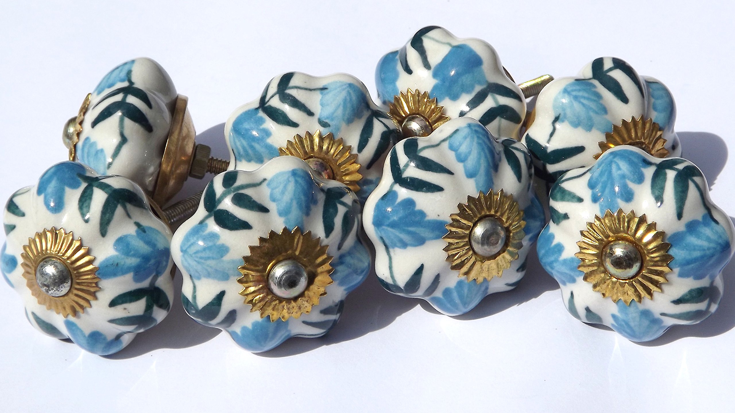 8 x White Flower with Blue and Green Foliage (Brass Fittings) Ceramic Cupboard Door knob Drawer Pull Shabby Chic Handle Porcelain
