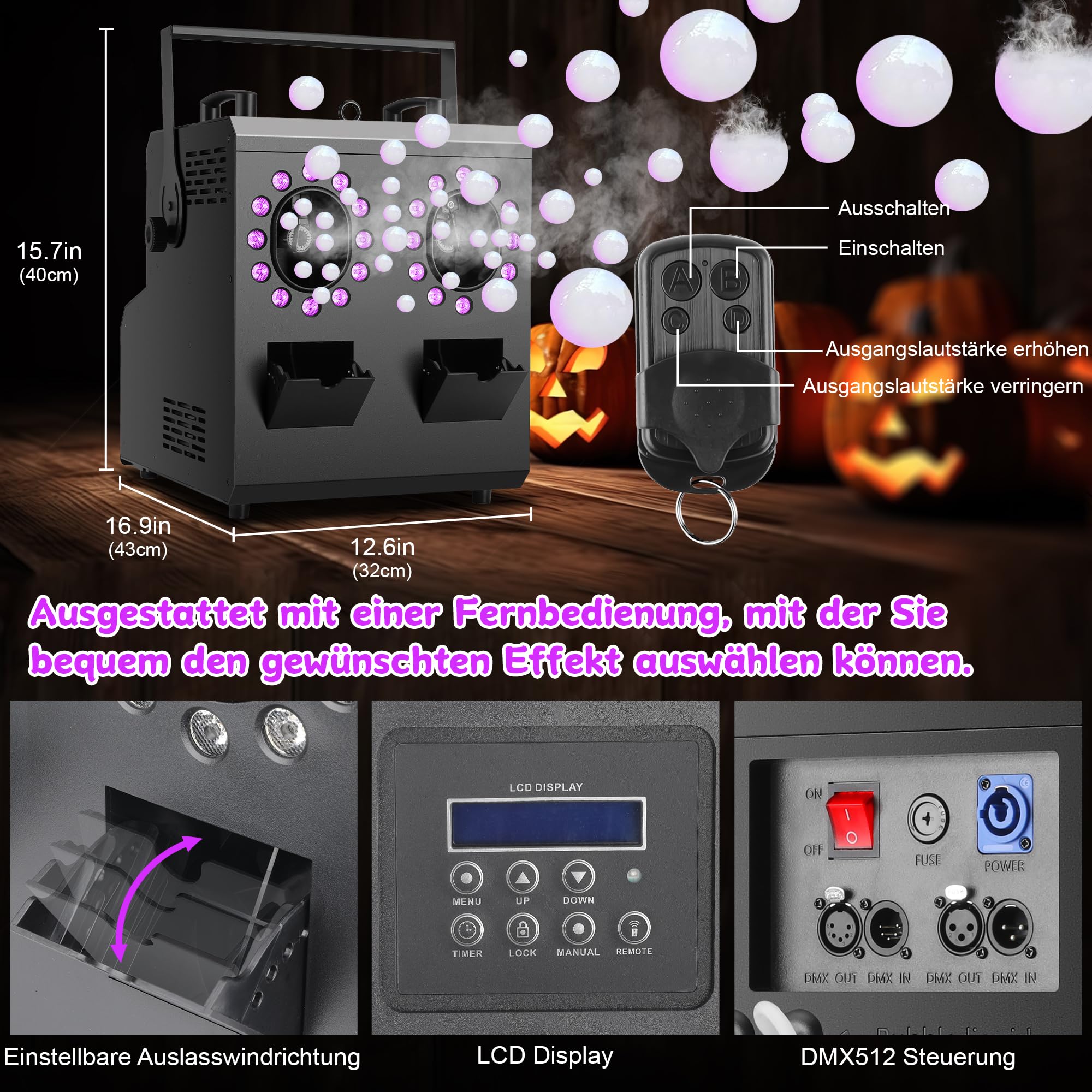 Telbum Nebelmaschine mit Fernbedienung,1500W 24LED RGBW 3IN1 Nebelblasenmaschine DMX,Rauchmaschine mit Blasen,Fog Bubble Machine,Seifenblasenmaschine,Rauchblasenmaschine für Party DJ Bühne Hochzeit