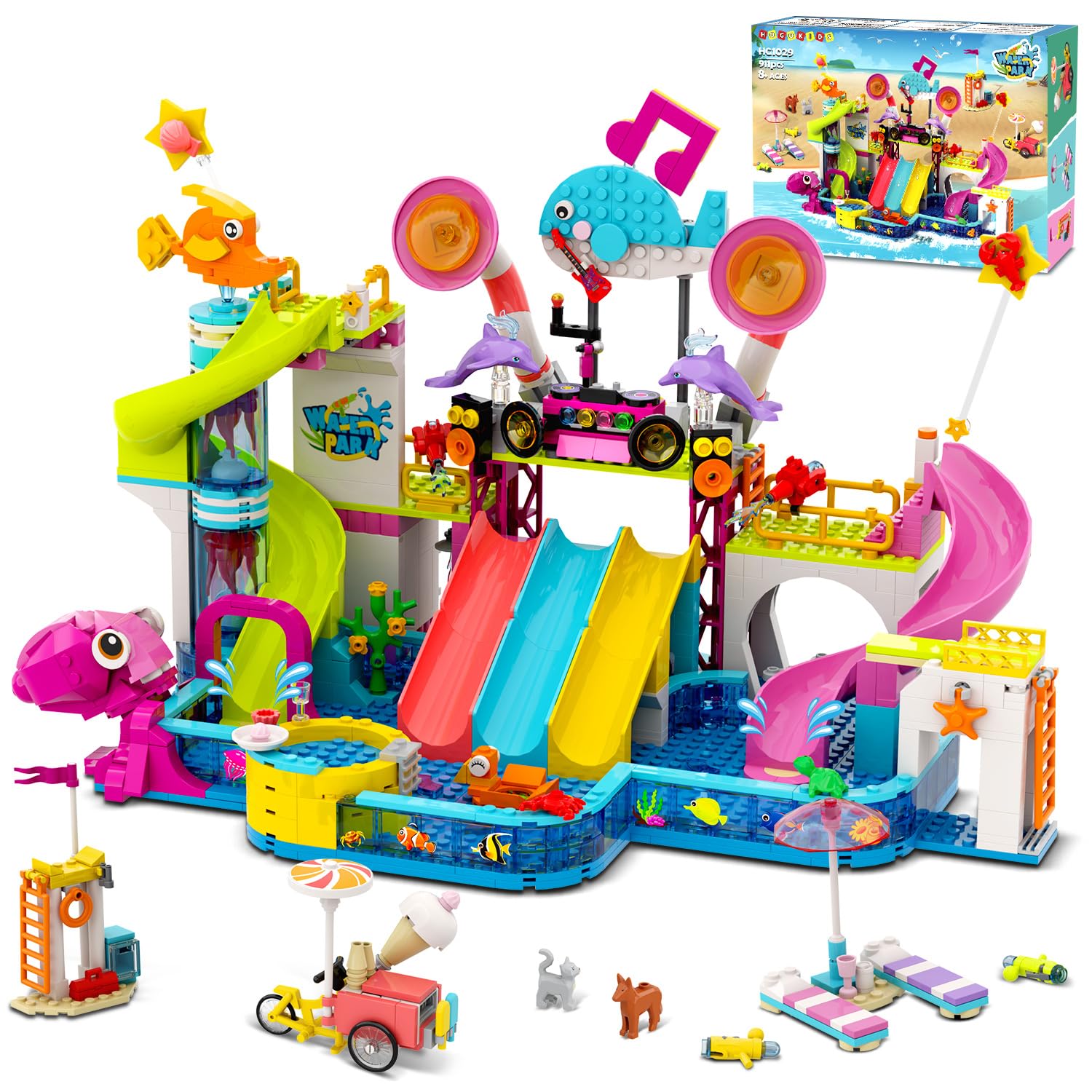 Friends Water Park Building Set, 911PCS Summer Fun Party Toy with 5 Water Slides, Creative Swimming Pool Block with Diving Platform & Bike Cart, Pretend Play Gift for Girls Boys Kid Age 8-12+