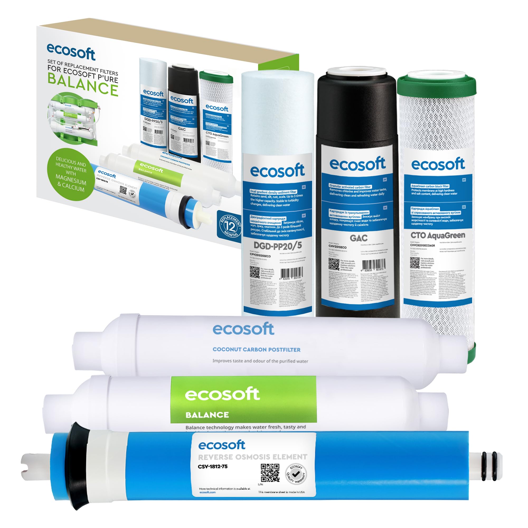 Ecosoft filtro de ósmosis inversa – Set de recambios 5 etapas sin bomba – Agua potable doméstica con mineralizador de calcio – Instalación bajo fregadero