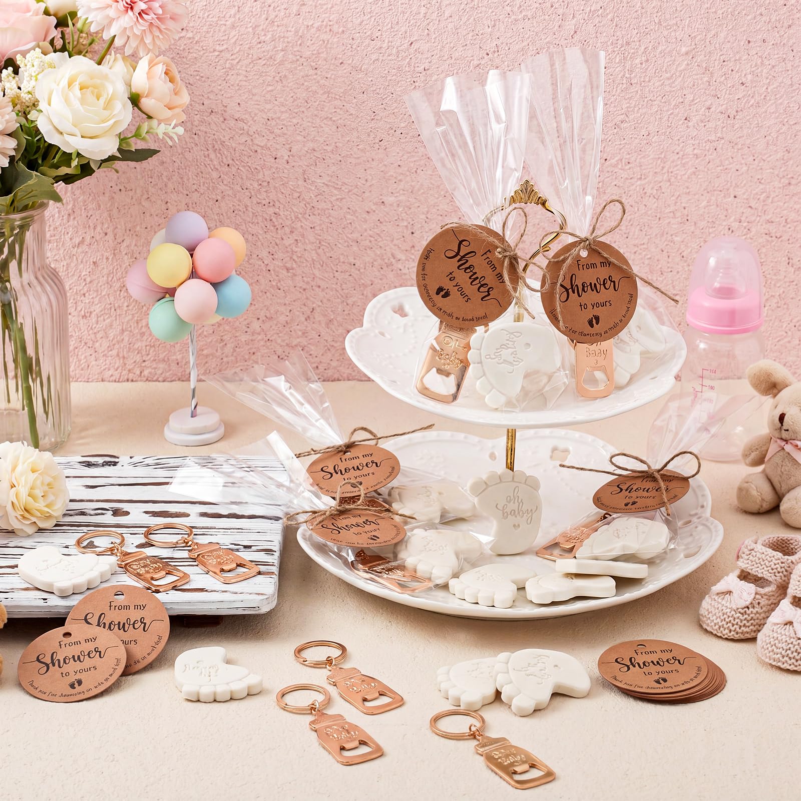 Vesici 25 juegos de recuerdos de baby shower para invitados, mini jabón perfumado hecho a mano con abrebotellas, llaveros y tarjetas de agradecimiento para ducha, revelación de género, regalos de