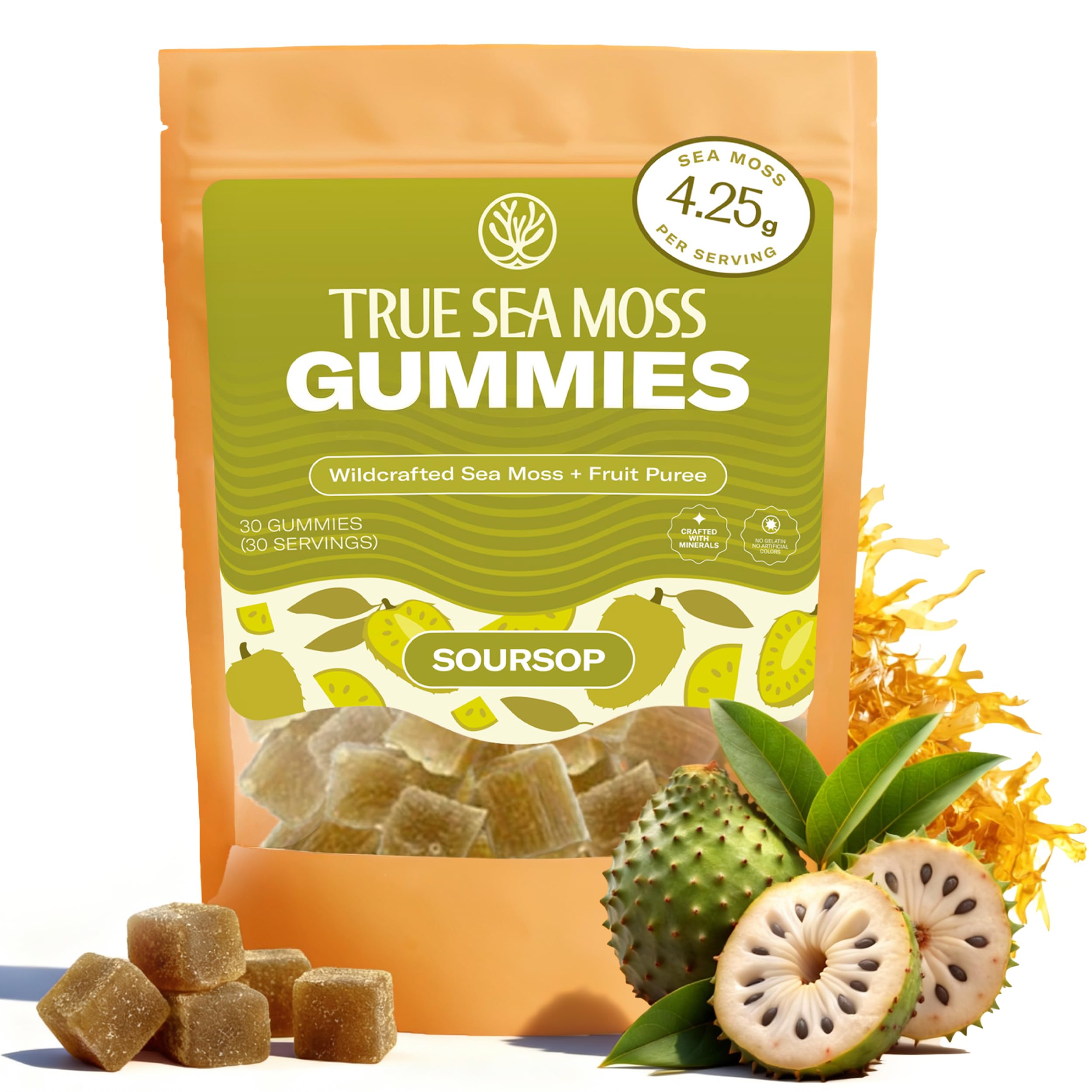 True Sea Moss Gummies – High Potency Authentic Sea Moss Gel – Raw & Wildcrafted – Sweetened with Organic Coconut Sugar & Real Soursop Purée – 30