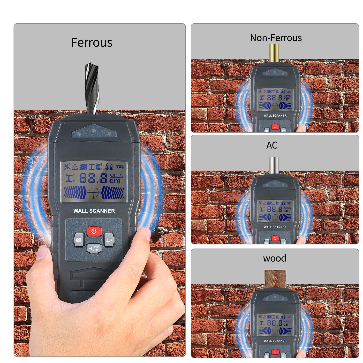 Kavolet Detector de Pared, 4 en 1 Detector de Metal, Madera y AC Cable, Multifuncional Stud Finder, con Pantalla LCD, Calibración Automática, Alarma Función