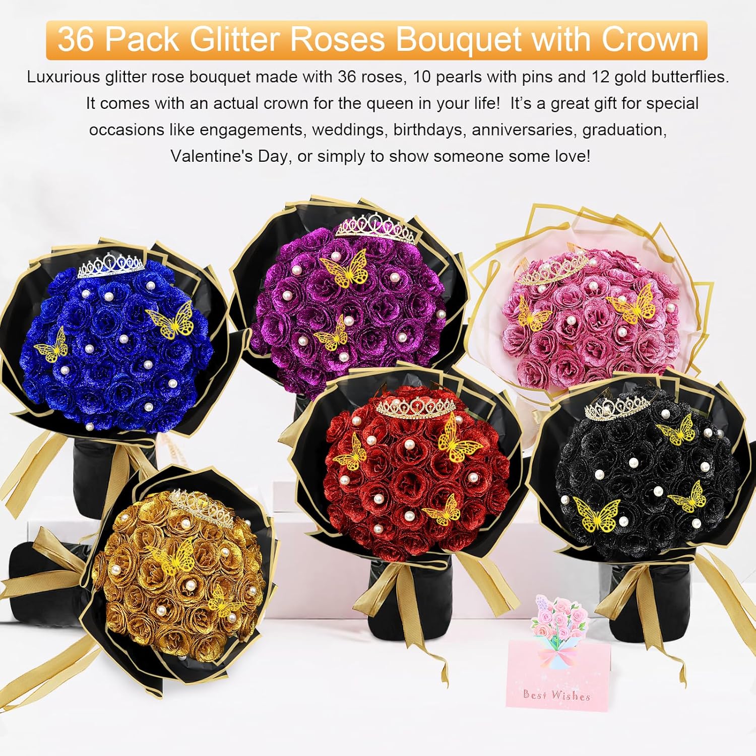 DIY Glitter Roses Bouquet Gold- 36 Pack Fake Shiny Flowers with Stems Eternal Floral for Graduation Handmade Wedding Bouquet Anniversary Birthday Gift, Mother's Day Gifts for Her - Image 6