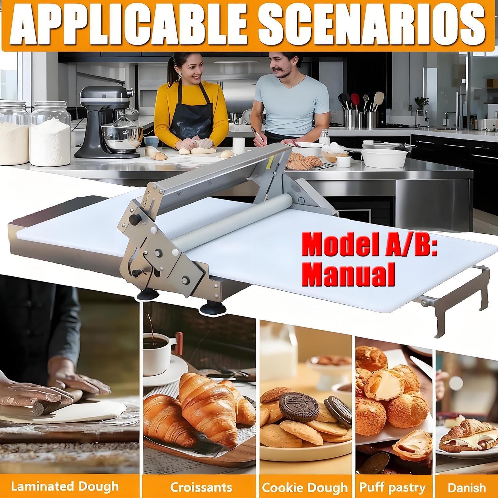 Teigmaschine Aus Edelstahl,Teigausrollmaschine FüR BäCkereien, Pizza, Croissants (Optional: Manuell/Elektrisch), Teigwalze/Nudelpresse Mit Einstellbarer Dicke, FüR Gewerbe Und Haushalt B400Manual