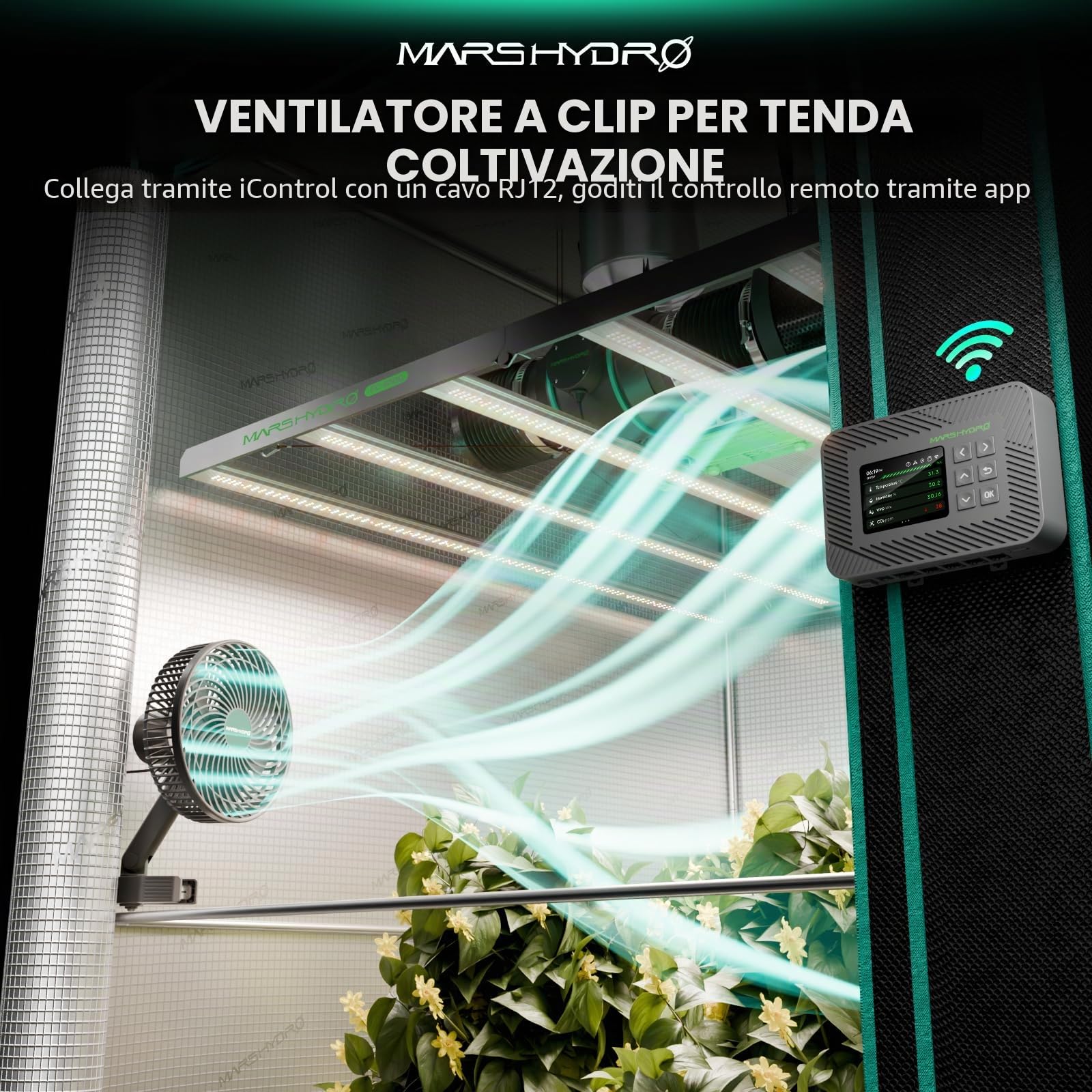 MARS HYDRO Ventilatore M6 Grow oscillante, 10 livelli di vento, controllo APP/WiFi tramite iHub o controller, 43 clip ventilatore Growbox Growbox, 32DBA silenziosa ventola per ricircolo dell'aria e