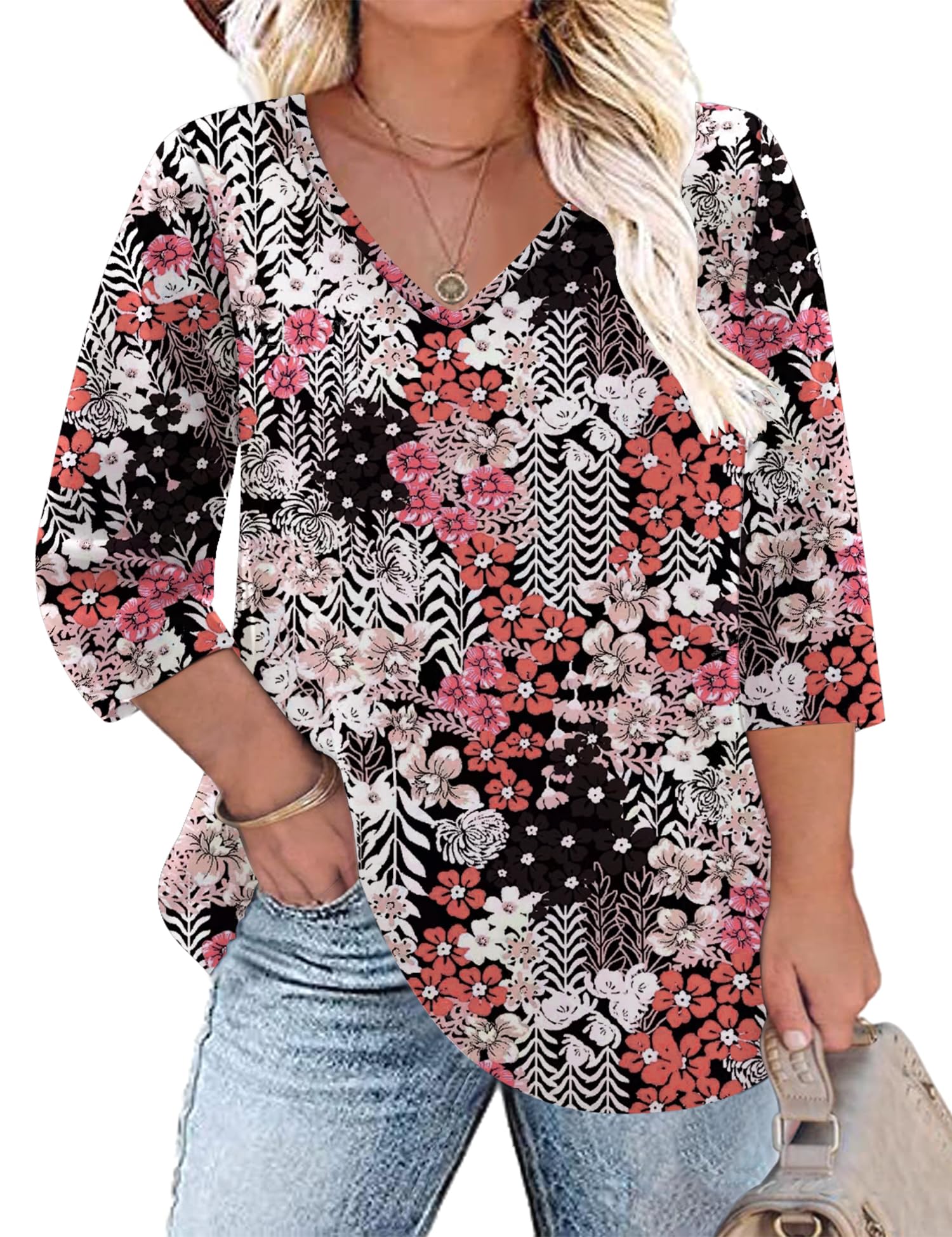 TFSDOD Womens Plus Size Tops V Neck T Shirts 3/4 Sleeve Blouse Summer Casual Tees XL-5X