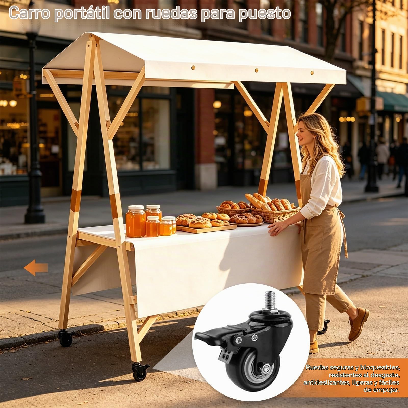 HARELA Genérico Puesto de Mercado con Toldo y Ruedas, Carrito de Comida callejera de Madera, Carro de Venta Ambulante para Perritos Calientes/Salchichas/Pan(White,120cm/47.2in)