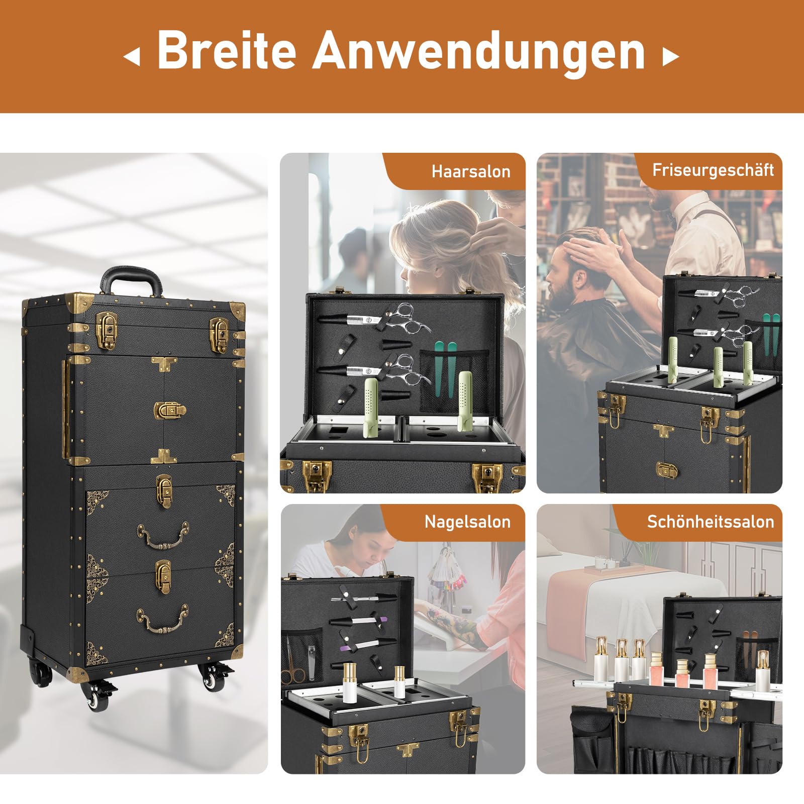 Kosmetikkoffer Trolley Retro Make Up Koffer Mit Passwortsperre 4 Ebenen Friseurkoffer Mit 360° Drehbaren Rädern Werkzeug Trolley Mit Haartrockner Halterung Schwarz
