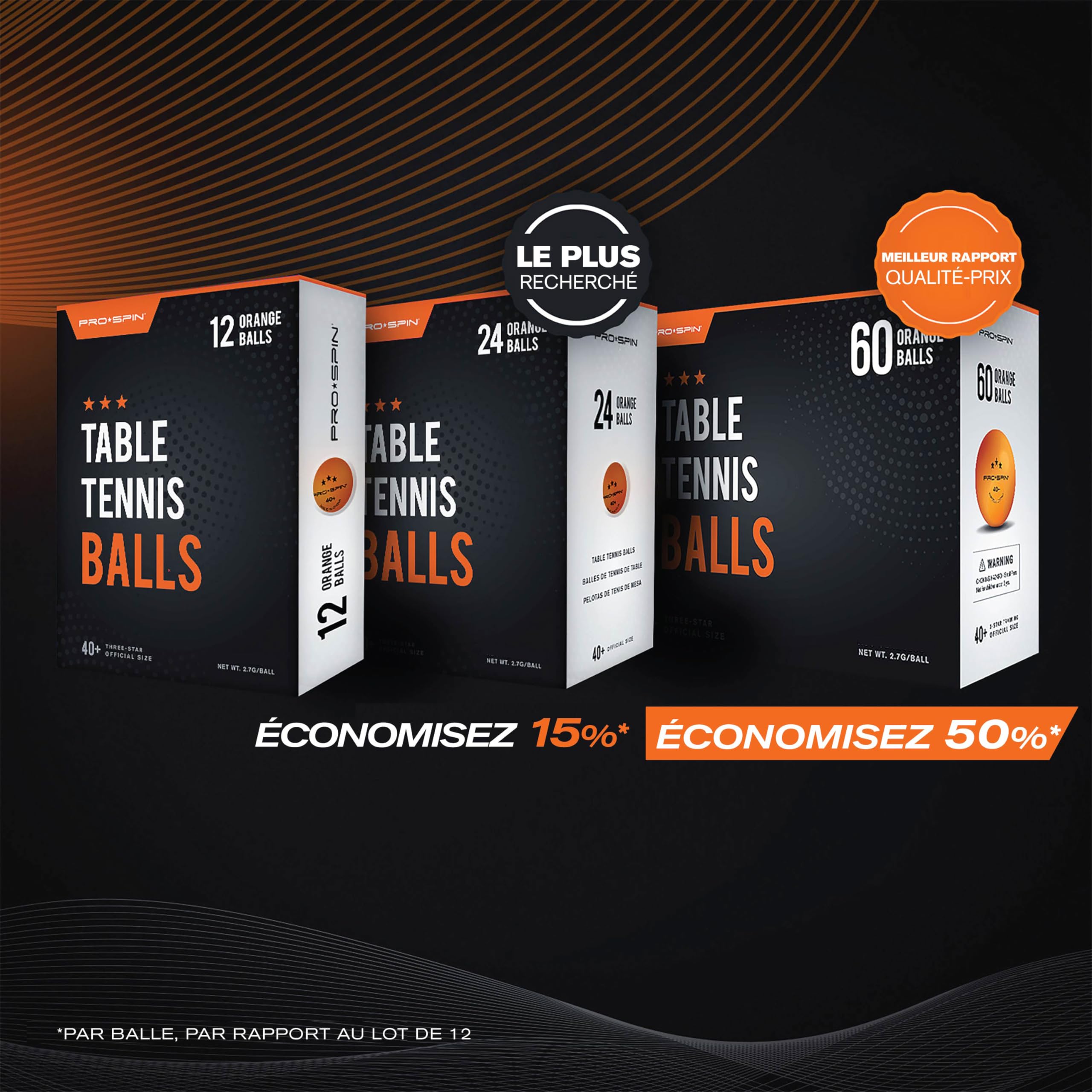 PRO-SPIN Balles de Ping-Pong 3 Étoiles Haute Performance, Orange 40+ ABS | Lot de Balles Qualité Supérieure pour Entraînement de Tennis de Table | pour Tables de Ping Pong Intérieur, Extérieur
