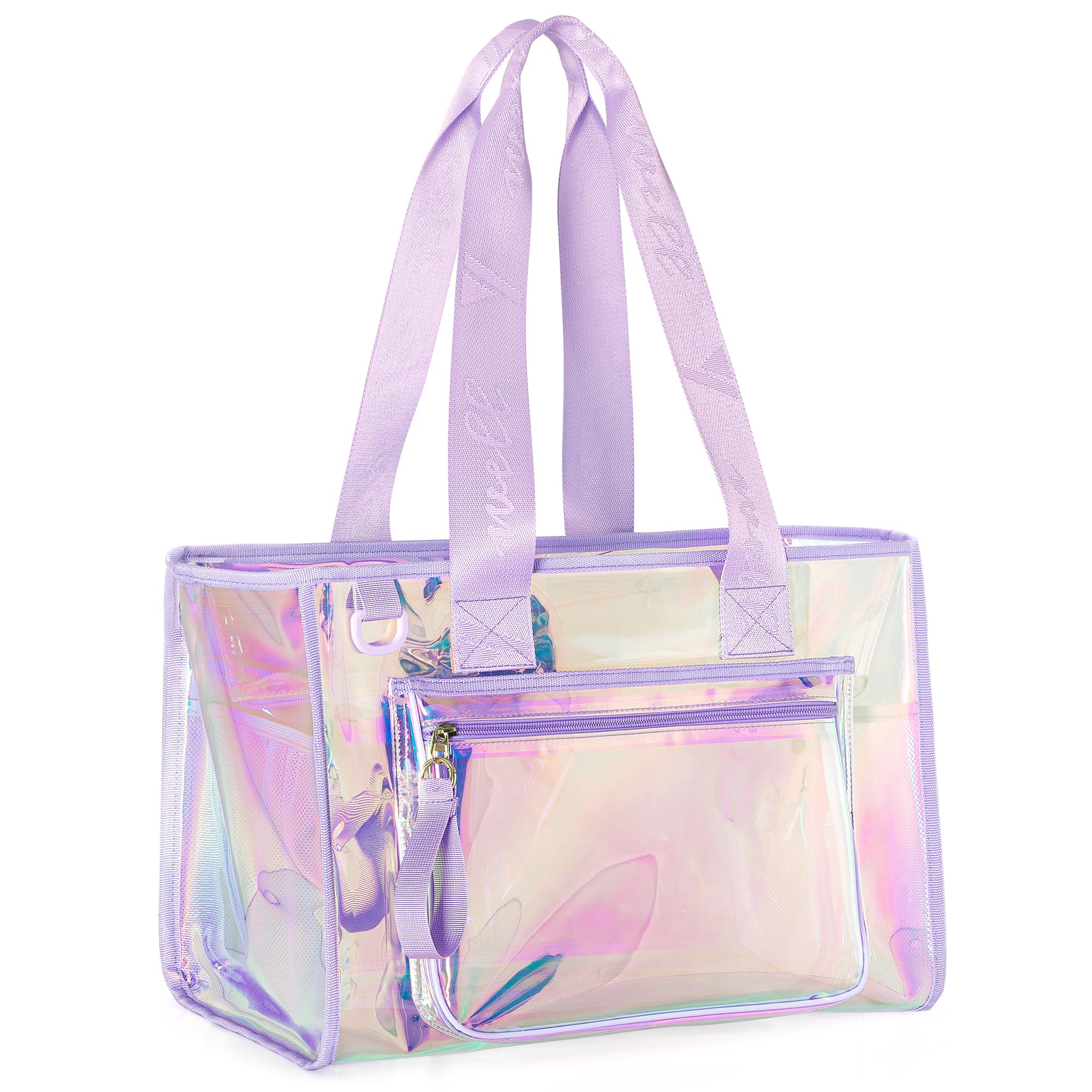 Yarwo Grand Sac de Plage Iridescent avec Poche Téléphone, Transparent | Avec Fini Irisé, Poche Devant pour Téléphone, Poches Intérieures et Grand Format Léger pour Plage, Piscine et Yoga