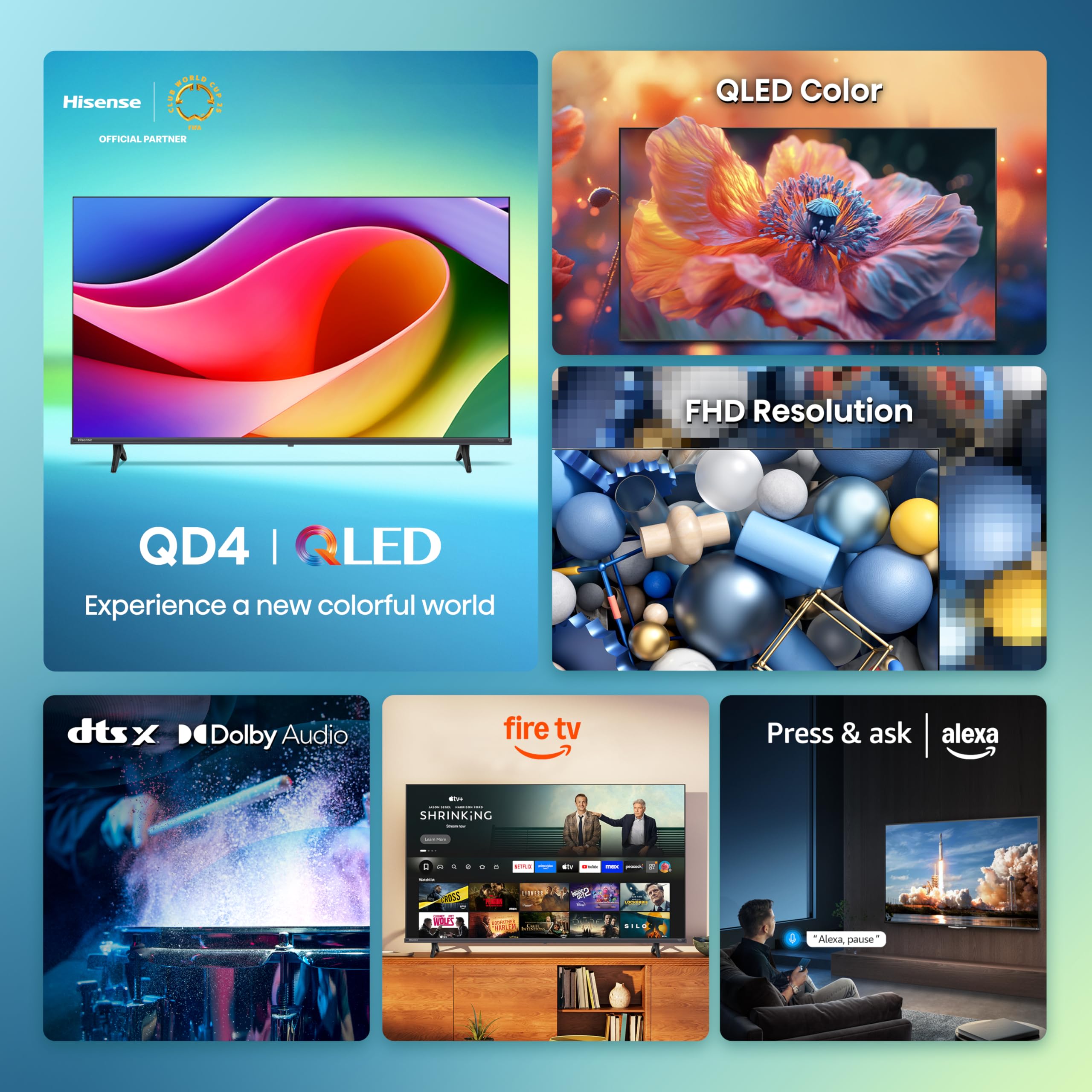 Hisense 40-Inch Class QD4 Series QLED FHD Smart Fire TV (40QD4QF, 2025 Model) - Quantum Dot Color, DTS Virtual: X, Alexa Built in, Slim Bezel Design